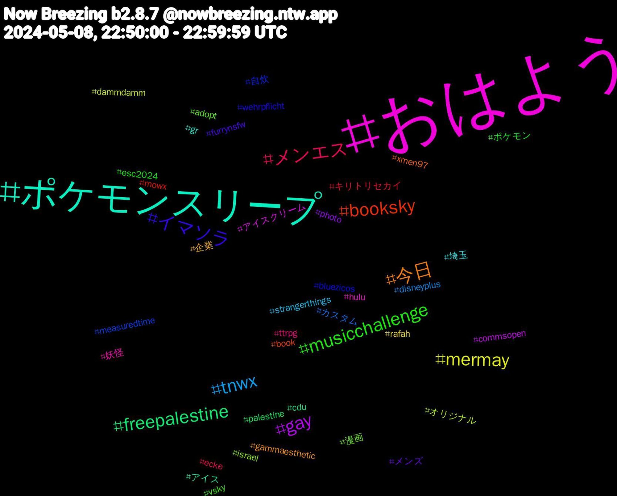 Hashtag Cloud; its hashtagged words/phrases (sorted by weighted frequency, descending):  おはよう, ポケモンスリープ, 今日, イマソラ, musicchallenge, メンエス, tnwx, mermay, gay, freepalestine, booksky, 自炊, 漫画, 妖怪, 埼玉, 企業, メンズ, ポケモン, キリトリセカイ, カスタム, オリジナル, アイスクリーム, アイス, xmen97, wehrpflicht, vsky, ttrpg, strangerthings, rafah, photo, palestine, mowx, measuredtime, israel, hulu, gr, gammaesthetic, furrynsfw, esc2024, ecke, disneyplus, dammdamm, commsopen, cdu, book, bluezicos, adopt