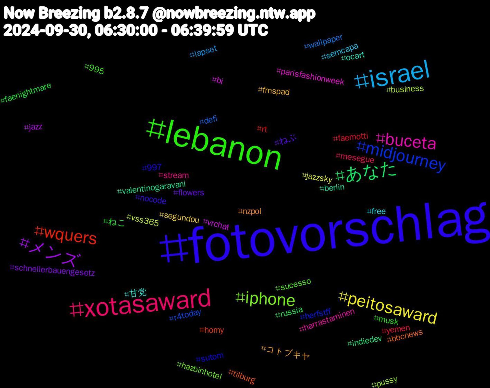 Hashtag Cloud; its hashtagged words/phrases (sorted by weighted frequency, descending):  fotovorschlag, lebanon, xotasaward, israel, peitosaward, メンズ, あなた, wquers, midjourney, iphone, buceta, 甘党, コトブキヤ, ねぶ, ねこ, yemen, wallpaper, vss365, vrchat, valentinogaravani, tilburg, sutom, sucesso, stream, semcapa, segundou, schnellerbauengesetz, russia, rt, r4today, pussy, parisfashionweek, ocart, nzpol, nocode, musk, mesegue, lapset, jazzsky, jazz, indiedev, horny, herfstff, hazbinhotel, harrastaminen, free, fmspad, flowers, faenightmare, faemotti, defi, business, bi, berlin, bbcnews, 997, 995