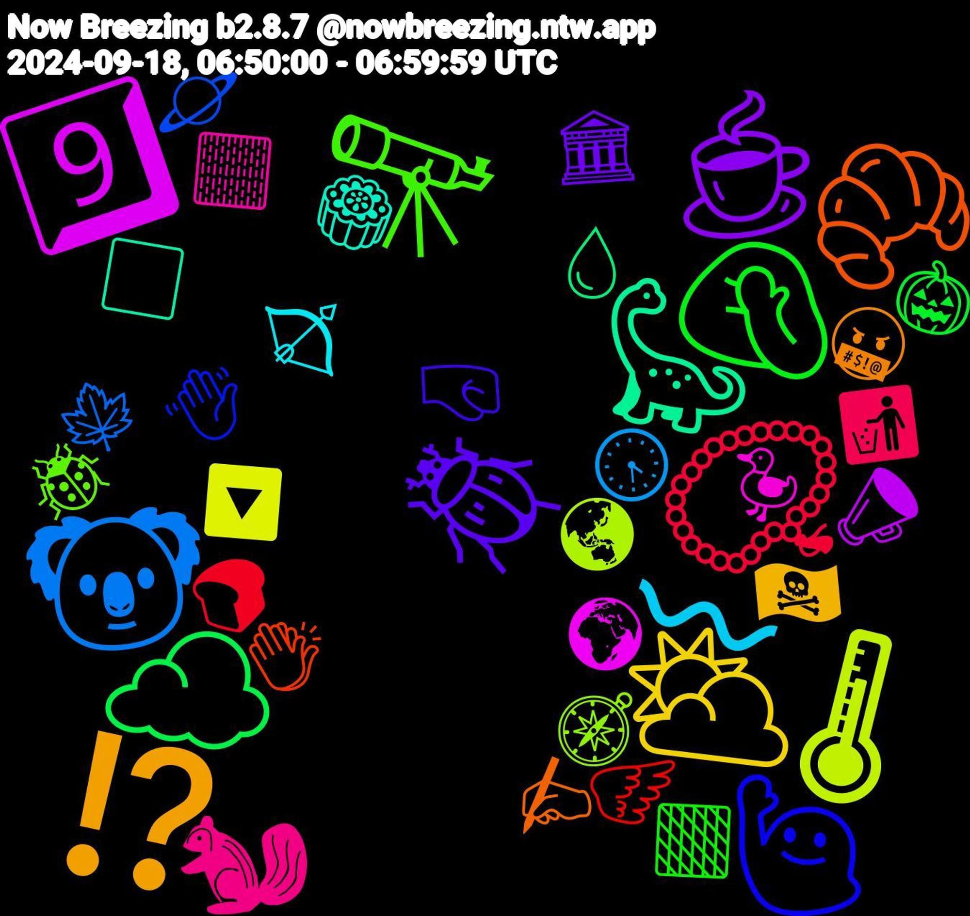 Emoji Cloud; its emojis (sorted by weighted frequency, descending):  ⁉️, 🪲, 🤦🏽, 📿, 🐨, 🌡, 9️⃣, 🦕, 🥐, 🙋‍♀️, 🔭, 🐿, 〰, ⛅, ☕, ☁️, 🪽, 🪐, 🧭, 🦆, 🥮, 🤬, 🤜, 🟧, 🚮, 🕟, 🔽, 📣, 💧, 👏🏾, 👋, 🐞, 🏻, 🏹, 🏴‍☠️, 🏛️, 🎃, 🍞, 🍁, 🌏, 🌍, ⬜, ✍