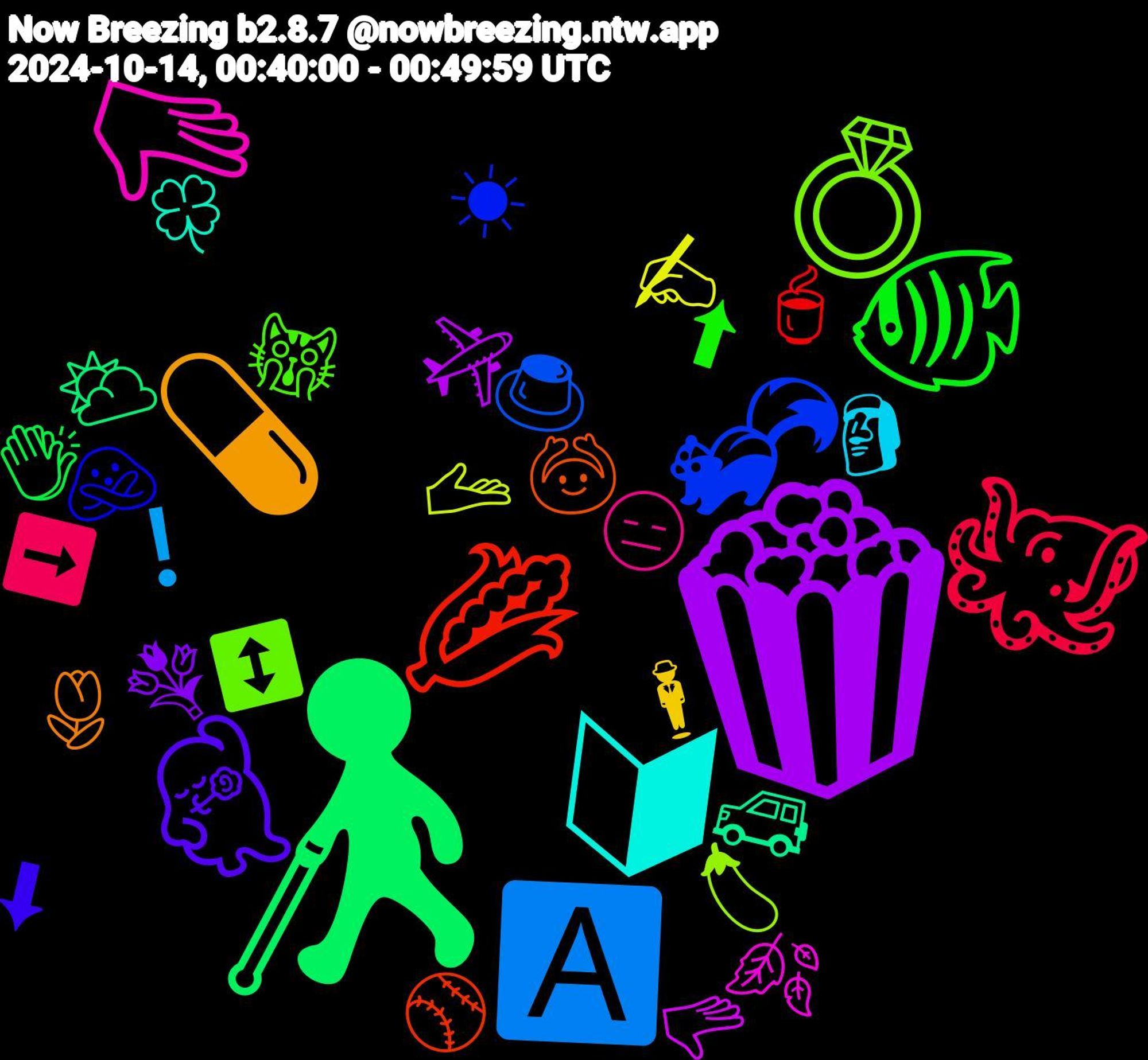 Emoji Cloud; its emojis (sorted by weighted frequency, descending):  🍿, 👩‍🦯, 🌽, 🦨, 💍, 🫳🏻, 🔰, 💊, 💃🏽, 🐠, 🐙, 🅰️, 🫴, 🫳, 🚙, 🙆, 🙅🏽, 🙀, 😑, 🗿, 🕴️, 💐, 👏🏾, 🍵, 🍮, 🍆, 🍂, 🍀, 🌷, ⬇, ⬆, ➡️, ❗, ✍🏻, ✈️, ⛅, ⚾, ☀, ↕️