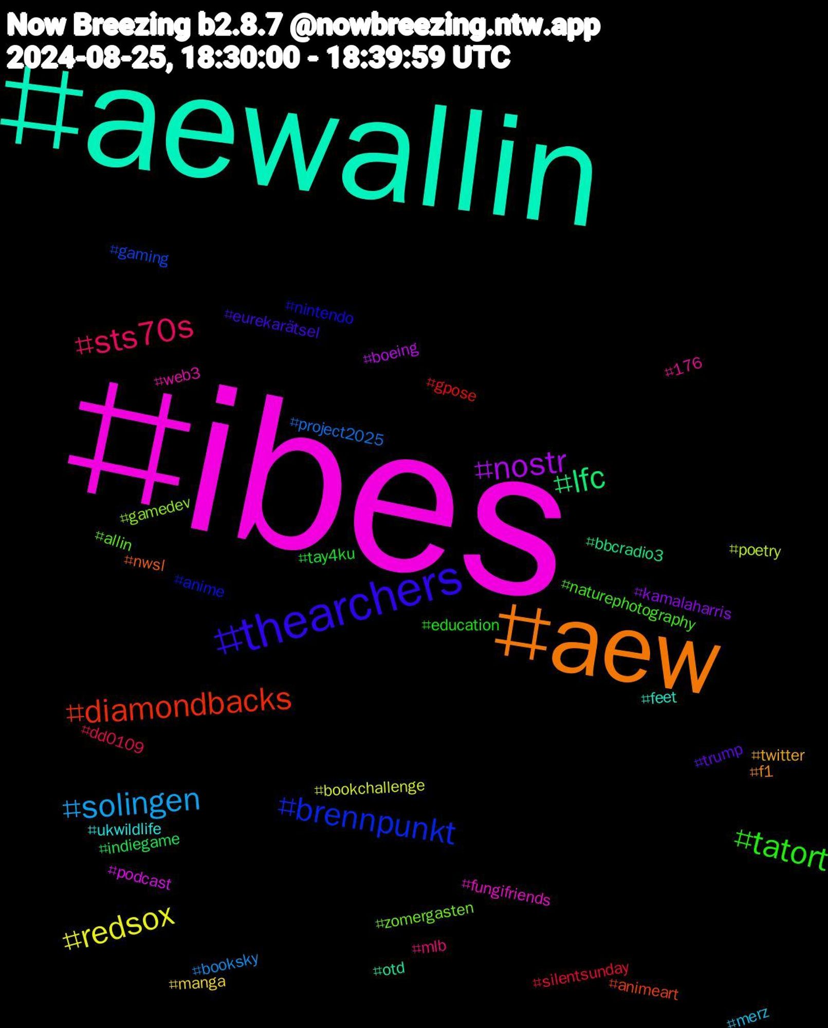 Hashtag Cloud; its hashtagged words/phrases (sorted by weighted frequency, descending):  ibes, aewallin, aew, thearchers, tatort, sts70s, solingen, redsox, nostr, lfc, diamondbacks, brennpunkt, zomergasten, web3, ukwildlife, twitter, trump, tay4ku, silentsunday, project2025, poetry, podcast, otd, nwsl, nintendo, naturephotography, mlb, merz, manga, kamalaharris, indiegame, gpose, gaming, gamedev, fungifriends, feet, f1, eurekarätsel, education, dd0109, booksky, bookchallenge, boeing, bbcradio3, animeart, anime, allin, 176