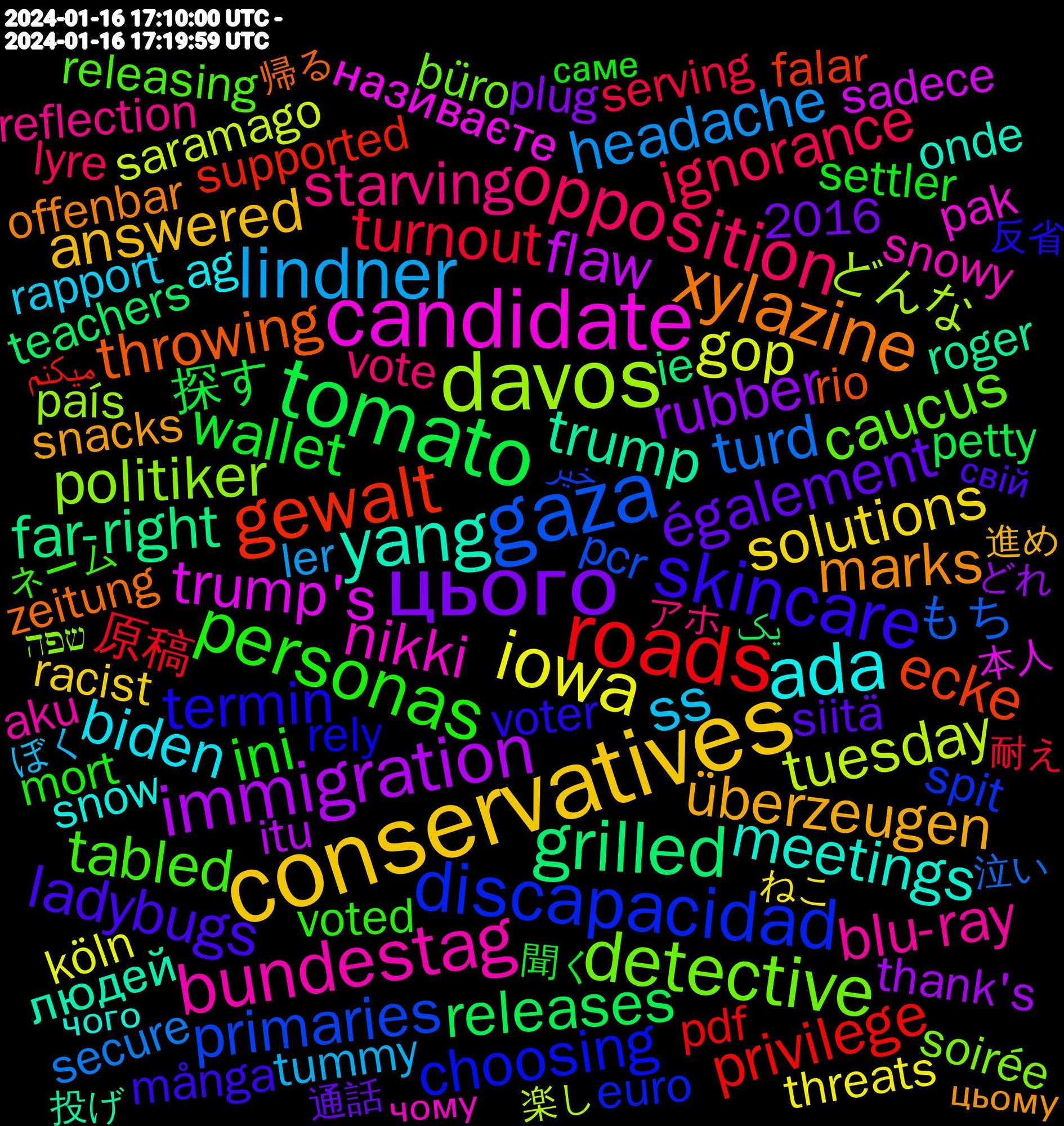 Word Cloud; its top words (sorted by weighted frequency, descending):  conservatives, цього, tomato, roads, gaza, davos, candidate, yang, xylazine, skincare, personas, opposition, lindner, iowa, immigration, grilled, gewalt, discapacidad, detective, bundestag, ada, überzeugen, également, wallet, turnout, turd, tuesday, trump's, trump, throwing, termin, tabled, starving, ss, solutions, rubber, releases, privilege, primaries, politiker, nikki, meetings, marks, ladybugs, ini, ignorance, headache, gop, flaw, far-right, ecke, choosing, caucus, blu-ray, biden, answered, @alttext.bsky.social, 探す, 原稿, もち, どんな, називаєте, людей, zeitung, voter, voted, vote, tummy, threats, thank's, teachers, supported, spit, soirée, snowy, snow, snacks, siitä, settler, serving, secure, saramago, sadece, roger, rio, rely, releasing, reflection, recherche, rapport, racist, plug, playstation, petty, pdf, pcr, país, pak, organizer, onde, offenbar, obsession, nostalgia, nomination, neige, många, mort, mommy, miller, meaningless, lyre, linux, linked, liberal, ler, leitmayr, köln, ketchup, kanske, jugar, jersey, janvier, jahrzehnten, itu, inch, ie, humanity, humanitarian, haley, hagen, greatly, geschlossen, gefährlich, gavin, frozen, forum, falar, extreme, explosion, experts, euro, enforcement, employment, elite, elevated, dogfight, discussions, digging, dienstag, desantis, democratic, criterion, counting, congress, caucuses, büro, boat, blocking, bimbos, belle, batic, arsch, application, apa, aku, ag, administration, adapted, aaron, 2016, 進め, 通話, 聞く, 耐え, 泣い, 楽し, 本人, 投げ, 帰る, 反省, ヤクザ, ネーム, アホ, もちろん, ぼく, ねこ, どんどん, どれ, かかる, یک, میکنم, خیر, שפה, чому, чого, цьому, свій, саме, психічними, питання