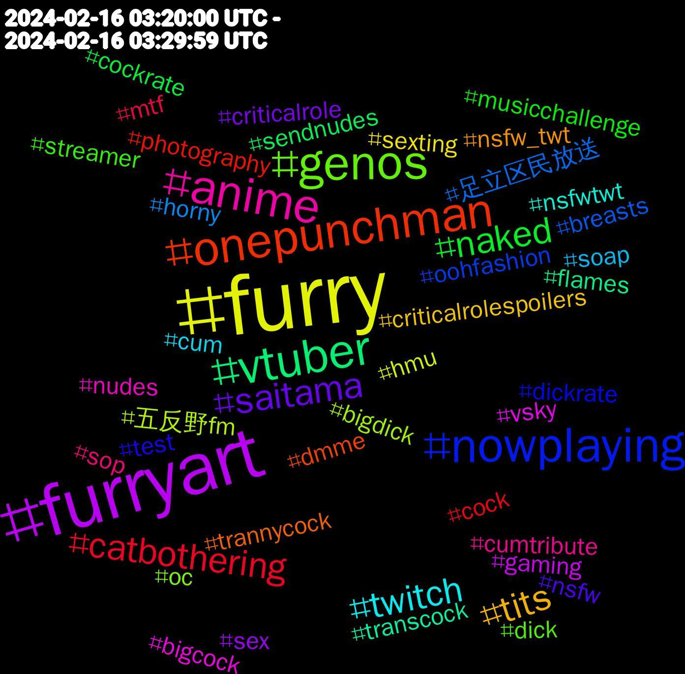 Hashtag Cloud; its hashtagged words/phrases (sorted by weighted frequency, descending):  furry, furryart, vtuber, onepunchman, nowplaying, genos, anime, twitch, tits, saitama, naked, catbothering, 足立区民放送, 五反野fm, vsky, transcock, trannycock, test, streamer, sop, soap, sexting, sex, sendnudes, photography, oohfashion, oc, nudes, nsfwtwt, nsfw_twt, nsfw, musicchallenge, mtf, horny, hmu, gaming, flames, dmme, dickrate, dick, cumtribute, cum, criticalrolespoilers, criticalrole, cockrate, cock, breasts, bigdick, bigcock