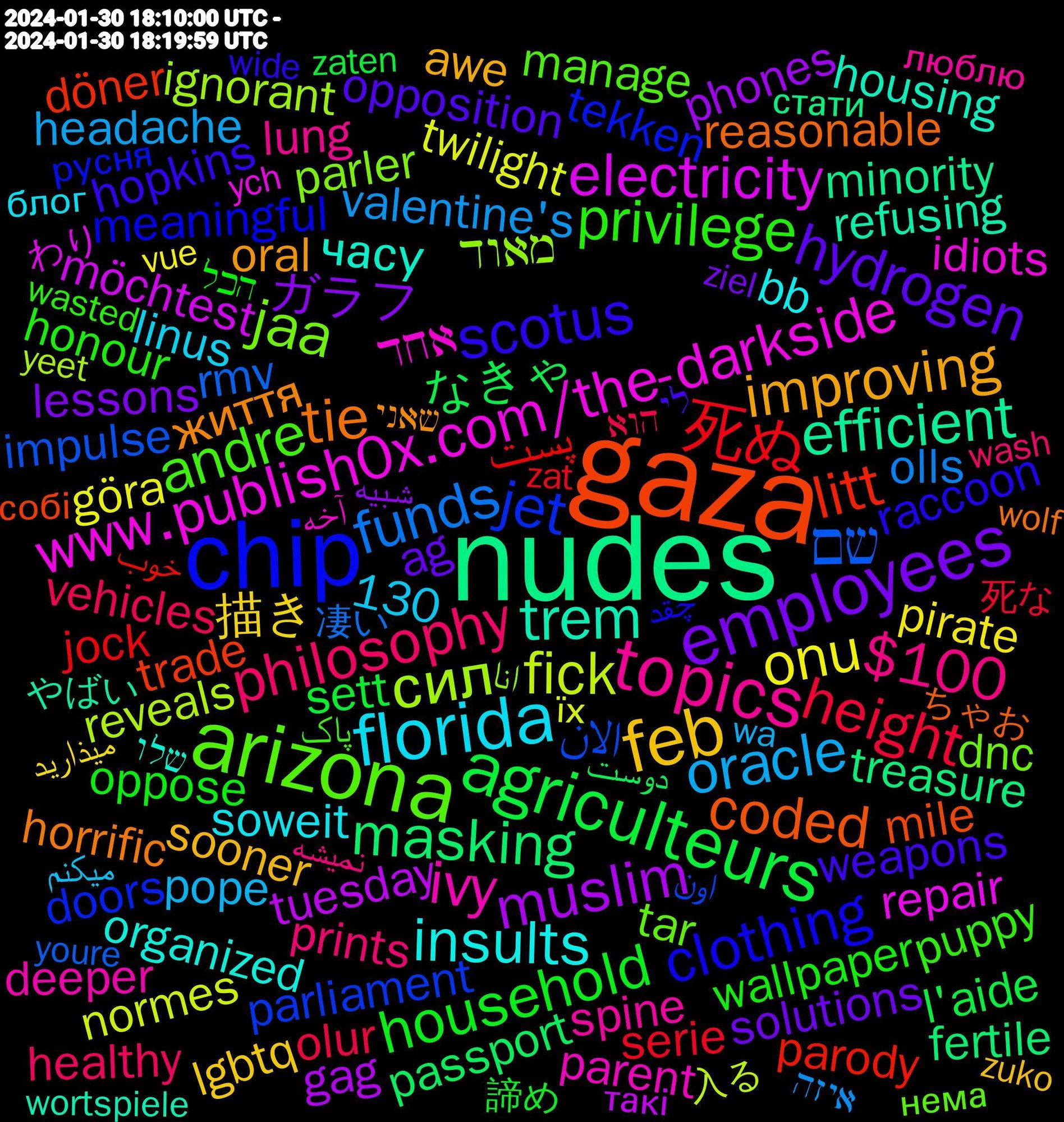 Word Cloud; its top words (sorted by weighted frequency, descending):  nudes, gaza, chip, arizona, topics, florida, feb, employees, agriculteurs, 死ぬ, שם, сил, www.publish0x.com/the-darkside, www.peculiarityshop.com/product-page, trem, tie, scotus, privilege, philosophy, oracle, onu, muslim, masking, litt, jet, jaa, ivy, insults, improving, hydrogen, household, height, funds, fick, electricity, efficient, coded, clothing, andre, $100, 描き, ガラフ, なきゃ, پست, الان, מאוד, אחד, часу, життя, weapons, wallpaper, vehicles, valentine's, twilight, tuesday, treasure, trade, tekken, tar, spine, soweit, sooner, solutions, sett, serie, rmv, reveals, repair, refusing, reasonable, raccoon, puppy, prints, pope, pirate, phones, passport, parody, parliament, parler, parent, organized, oral, opposition, oppose, olur, olls, normes, möchtest, minority, mile, meaningful, manage, lung, linus, lgbtq, lessons, l'aide, jock, impulse, ignorant, idiots, housing, horrific, hopkins, honour, healthy, headache, harmful, habana, göra, guarantee, governments, gag, fertile, enshrouded, emerging, döner, doors, dnc, diversity, distinct, detective, deeper, construction, communist, clubs, chart, blessing, bb, backed, awe, associated, assets, allies, ag, affecting, 30th, 20th, 130, 諦め, 死な, 凄い, 入る, ㅋㅋㅋㅋㅋㅋㅋㅋ, チェック, クリア, アイコン, わり, やばい, ちゃお, چقد, پاک, نمیشه, میکنم, میذارید, شبیه, دوست, خوب, اون, انا, آخه, שלו, שאני, לי, הכל, הוא, איזה, їх, такі, стати, собі, русня, нема, можу, люблю, йобана, блог, épisode, zuko, ziel, zaten, zat, youre, yeet, ych, wortspiele, worries, wolf, wohin, wisdom, wildly, wide, whatsapp, weiteren, wasted, wash, wand, wa, vue