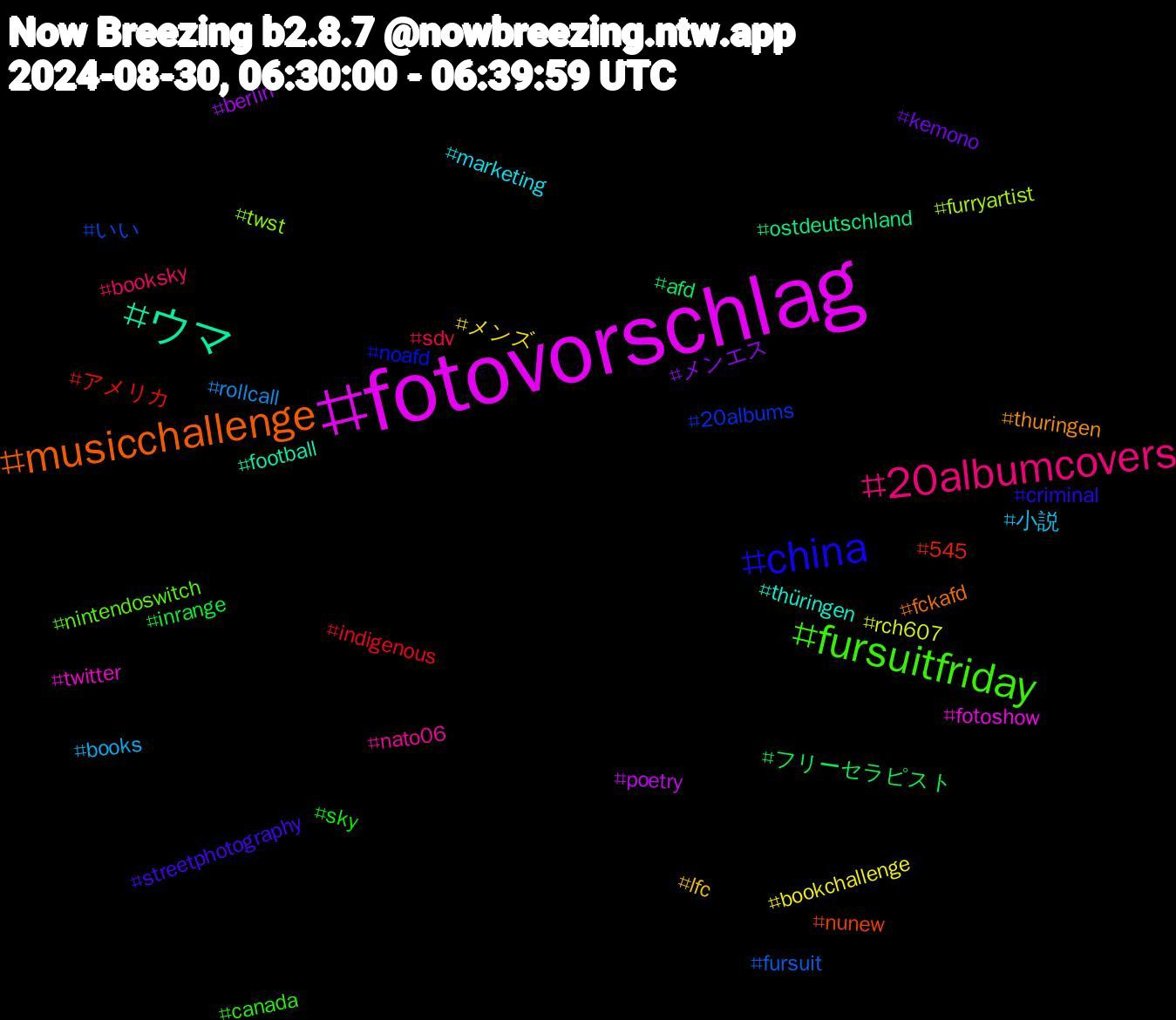 Hashtag Cloud; its hashtagged words/phrases (sorted by weighted frequency, descending):  fotovorschlag, ウマ, musicchallenge, china, fursuitfriday, 20albumcovers, 小説, メンズ, メンエス, フリーセラピスト, アメリカ, いい, twst, twitter, thüringen, thuringen, streetphotography, sky, sdv, rollcall, rch607, poetry, ostdeutschland, nunew, noafd, nintendoswitch, nato06, marketing, lfc, kemono, inrange, indigenous, fursuit, furryartist, fotoshow, football, fckafd, criminal, canada, booksky, books, bookchallenge, berlin, afd, 545, 20albums