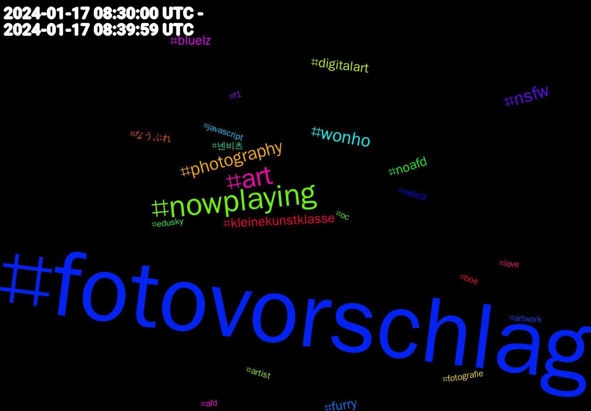 Hashtag Cloud; its hashtagged words/phrases (sorted by weighted frequency, descending):  fotovorschlag, nowplaying, art, wonho, photography, nsfw, noafd, kleinekunstklasse, furry, digitalart, bluelz, 넨비츠, なうぷれ, radio3, oc, love, javascript, fotografie, f1, edusky, boe, artwork, artist, afd