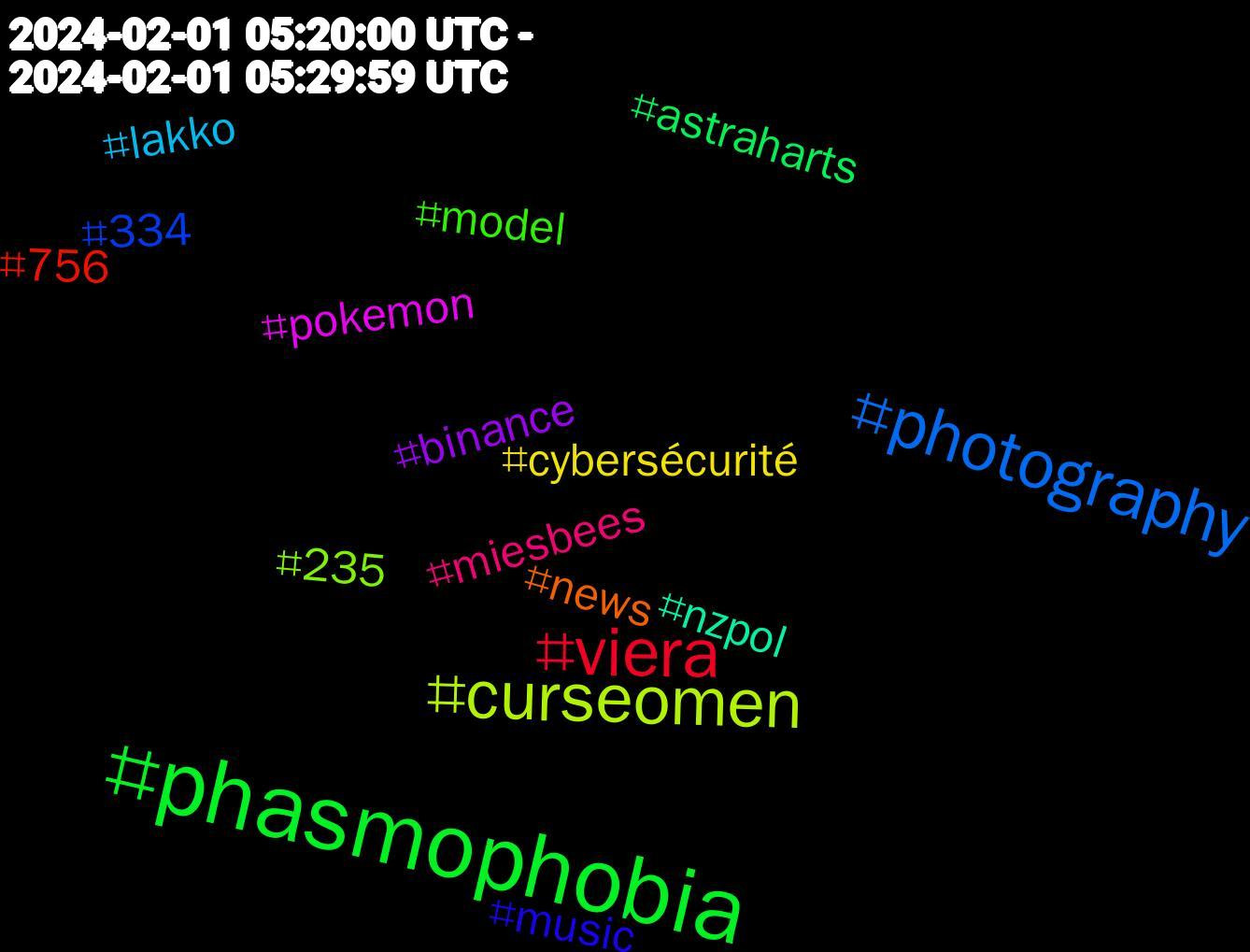 Hashtag Cloud; its hashtagged words/phrases (sorted by weighted frequency, descending):  phasmophobia, viera, photography, curseomen, pokemon, nzpol, news, music, model, miesbees, lakko, cybersécurité, binance, astraharts, 756, 334, 235