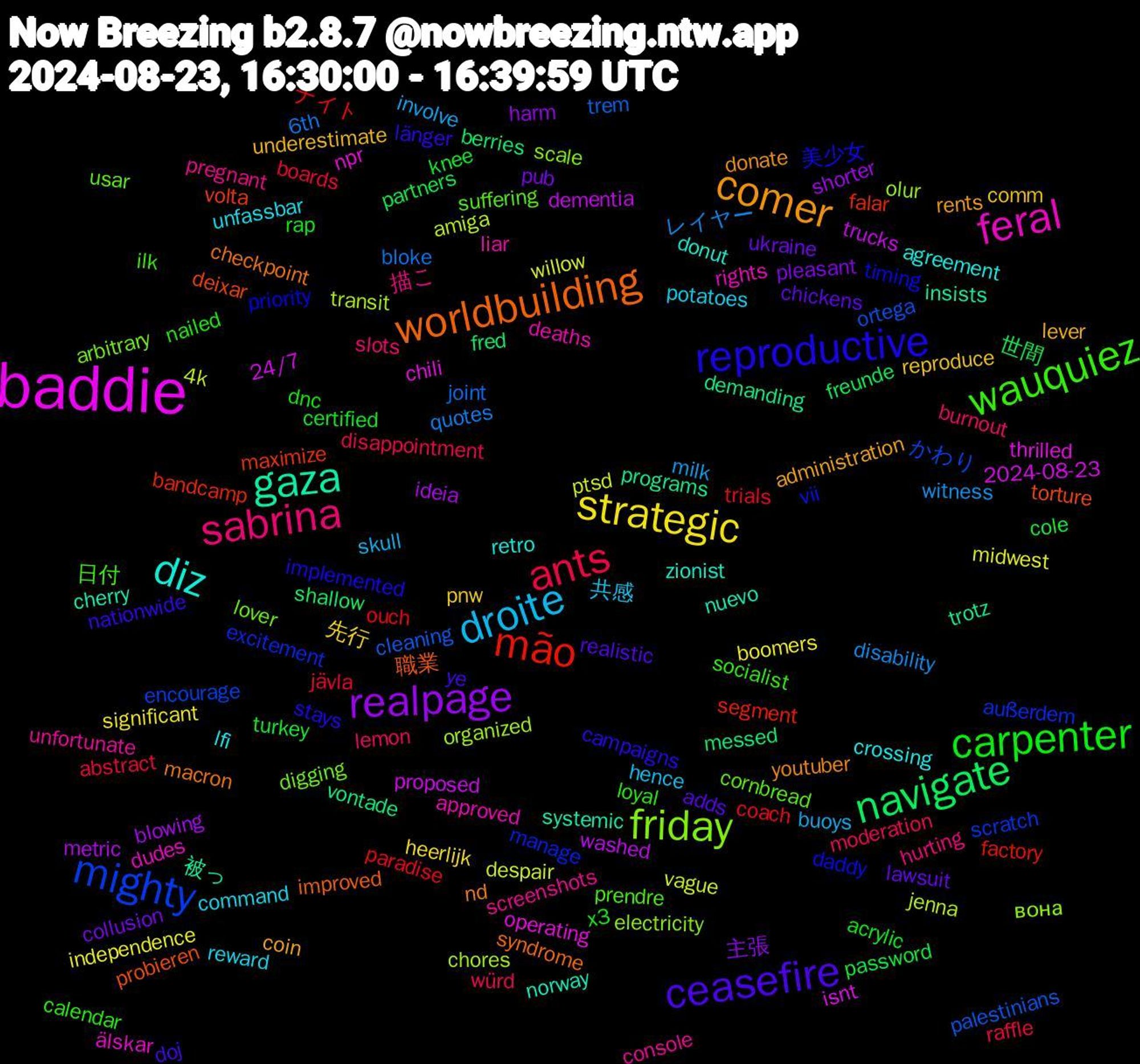 Word Cloud; its top words (sorted by weighted frequency, descending):  baddie, gaza, worldbuilding, reproductive, wauquiez, sabrina, droite, strategic, realpage, navigate, mão, mighty, friday, feral, diz, comer, ceasefire, carpenter, ants, レイヤー, vague, trucks, trotz, torture, timing, suffering, screenshots, reward, reproduce, pub, password, paradise, palestinians, organized, operating, nuevo, macron, länger, loyal, lemon, involve, independence, ideia, fred, falar, excitement, digging, deaths, crossing, coin, chickens, certified, boards, bloke, amiga, 2024-08-23, 被っ, 職業, 美少女, 日付, 描こ, 共感, 先行, 主張, 世間, ナイト, かわり, вона, älskar, zionist, youtuber, ye, x3, würd, witness, willow, washed, vontade, volta, vii, usar, unfortunate, unfassbar, underestimate, ukraine, turkey, trials, trem, transit, thrilled, systemic, syndrome, stays, socialist, slots, skull, significant, shorter, shallow, segment, scratch, scale, rights, retro, rents, realistic, rap, raffle, quotes, ptsd, proposed, programs, probieren, priority, prendre, pregnant, potatoes, pnw, pleasant, partners, ouch, ortega, olur, npr, norway, nd, nationwide, nailed, moderation, milk, midwest, metric, messed, maximize, manage, lover, liar, lfi, lever, lawsuit, knee, jävla, joint, jenna, isnt, insists, improved, implemented, ilk, hurting, hence, heerlijk, harm, freunde, factory, encourage, electricity, dudes, donut, donate, doj, dnc, disappointment, disability, despair, dementia, demanding, deixar, daddy, cornbread, console, command, comm, collusion, cole, coach, cleaning, chores, chili, cherry, checkpoint, campaigns, calendar, burnout, buoys, boomers, blowing, berries, bandcamp, außerdem, arbitrary, approved, agreement, administration, adds, acrylic, abstract, 6th, 4k, 24/7