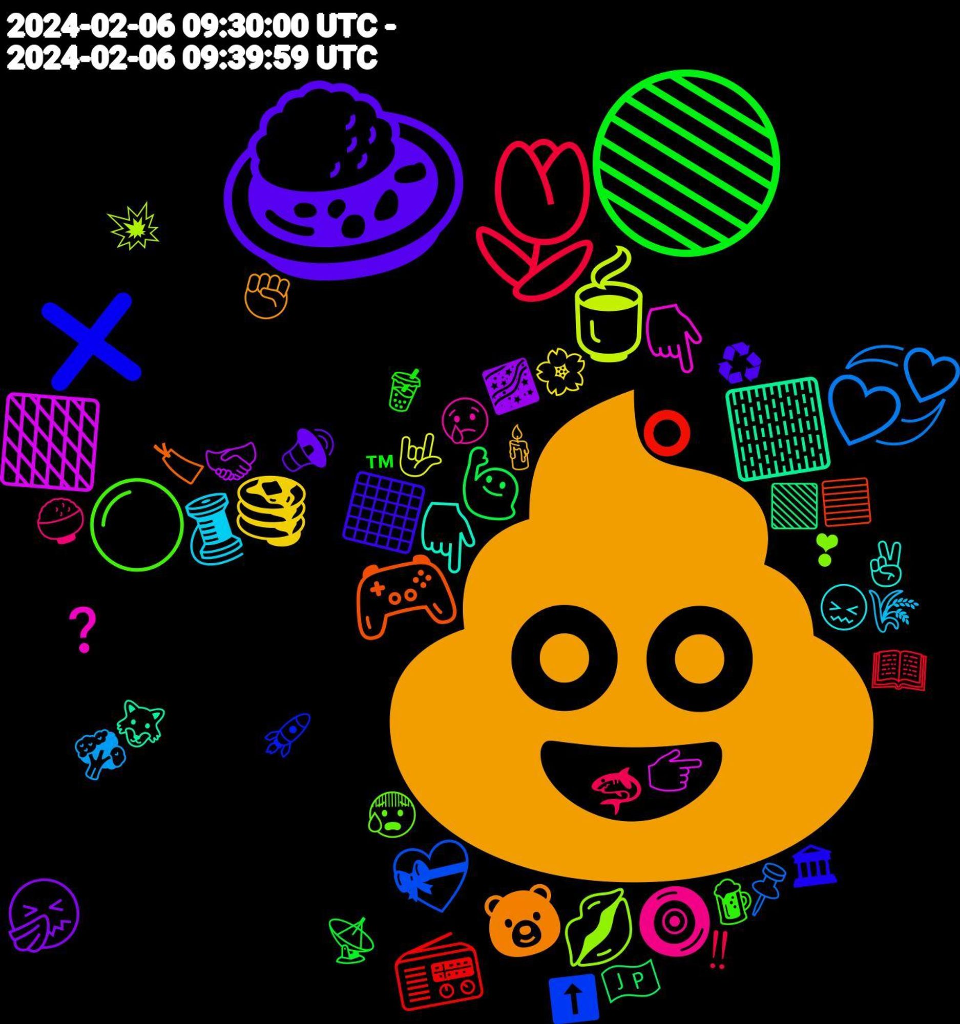 Emoji Cloud; its emojis (sorted by weighted frequency, descending):  💩, 🍛, 🟢, 🌷, 💞, 🍵, 🟧, 🏻, 🎮, ❌, ⚪, 🧿, 🧵, 🥞, 🤧, 🙋‍♂️, 📻, 💝, 💋, 👇🏻, 👇, 🐻, ⬛, 🧋, 🦈, 🥦, 🤟🏻, 🤝🏻, 🟩, 🟦, 🚀, 😰, 😢, 😖, 🕯️, 🔊, 📡, 📖, 📌, 💥, 👉, 🐺, 🏷, 🏛, 🍺, 🍚, 🌾, 🌸, 🌌, 🇯🇵, ⭕, ⬆️, ❣, ❓, ✌, ✊, ♻, ™, ‼