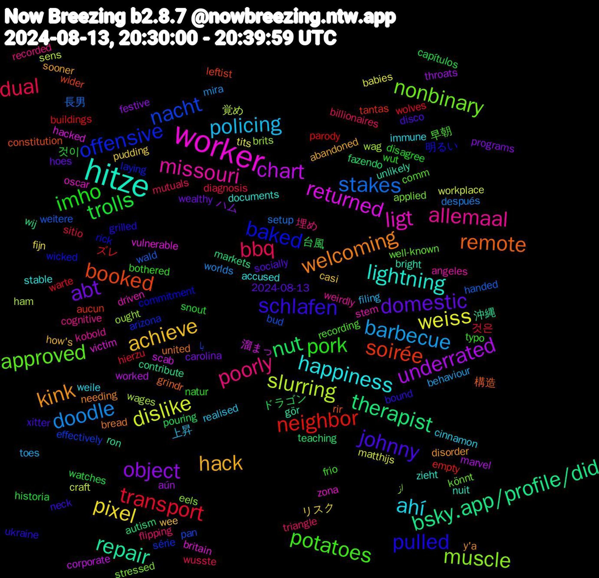 Word Cloud; its top words (sorted by weighted frequency, descending):  worker, hitze, welcoming, schlafen, pork, bbq, barbecue, weiss, underrated, therapist, soirée, offensive, nonbinary, missouri, happiness, hack, domestic, trolls, transport, stakes, slurring, returned, repair, remote, pulled, potatoes, poorly, policing, pixel, object, nut, neighbor, nacht, muscle, ligt, lightning, kink, johnny, imho, dual, doodle, dislike, chart, bsky.app/profile/did, booked, baked, approved, allemaal, ahí, achieve, abt, 台風, wolves, weitere, wag, victim, unlikely, united, ukraine, typo, triangle, toes, tits, throats, teaching, tantas, série, stressed, stem, stable, sooner, socially, snout, sitio, setup, sens, scab, ron, rir, rick, recording, recorded, realised, pudding, programs, pouring, parody, pan, ought, oscar, nuit, needing, neck, natur, mutuals, mira, matthijs, marvel, markets, leftist, laying, könnt, kobold, immune, how's, hoes, historia, hierzu, handed, ham, hacked, gör, grindr, grilled, frio, flipping, filing, fijn, festive, fazendo, empty, effectively, eels, driven, documents, disorder, disco, disagree, diagnosis, después, craft, corporate, contribute, constitution, commitment, comm, cognitive, cinnamon, casi, carolina, capítulos, buildings, bud, brits, britain, bright, bread, bound, bothered, billionaires, behaviour, babies, aún, autism, aucun, arizona, applied, angeles, accused, abandoned, 2024-08-13, 것이, 것은, 長男, 覚め, 溜まっ, 沖縄, 構造, 明るい, 早朝, 埋め, 上昇, リスク, ハム, ドラゴン, ズレ, با, از, zona, zieht, y'a, xitter, wut, wusste, worlds, workplace, worked, wij, wider, wicked, well-known, weirdly, weile, wee, wealthy, watches, warte, wald, wages, vulnerable