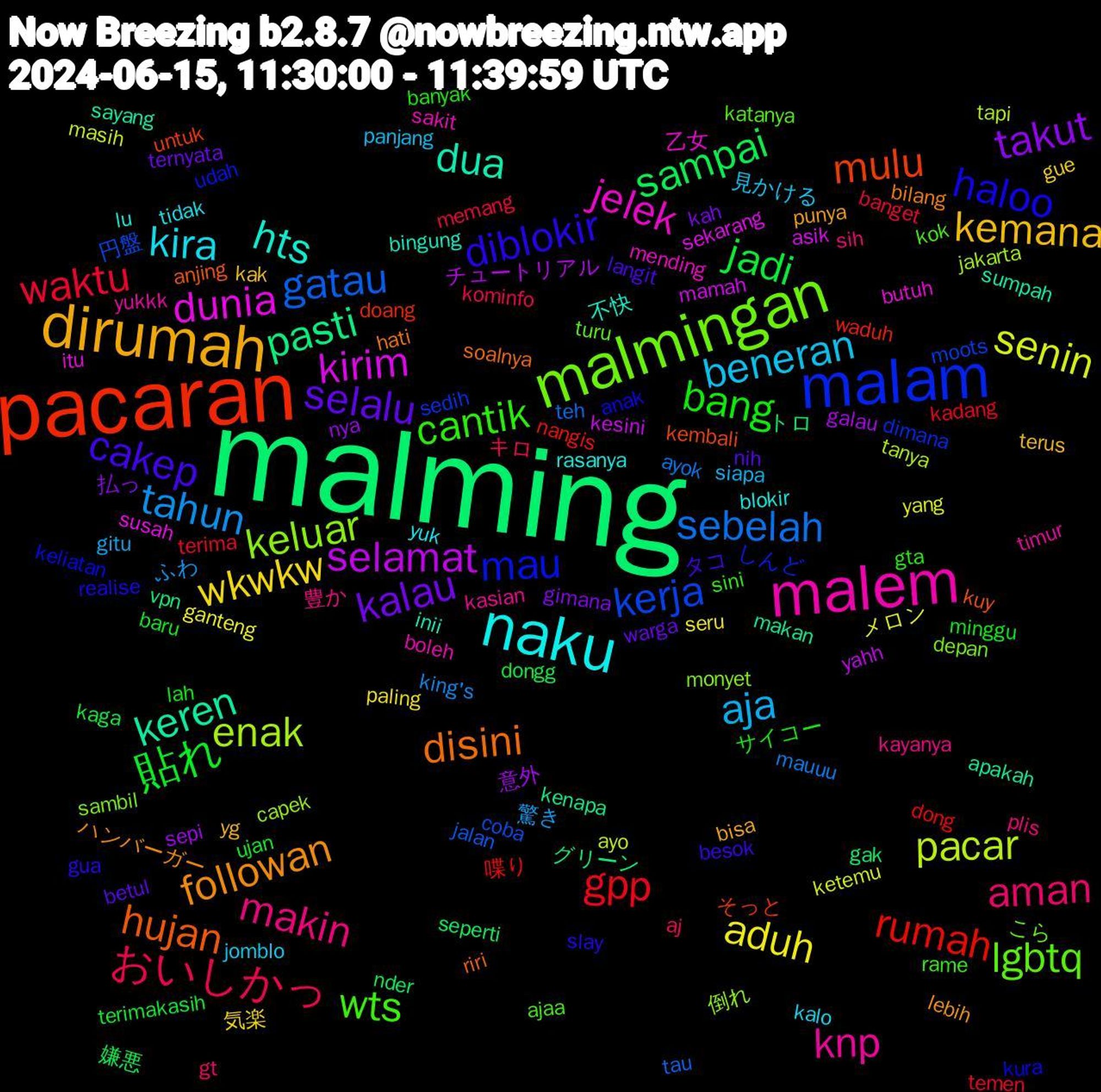 Word Cloud; its top words (sorted by weighted frequency, descending):  malming, pacaran, malam, malmingan, malem, naku, dirumah, selalu, 貼れ, waktu, sebelah, pacar, kirim, keren, hujan, haloo, wts, makin, beneran, wkwkw, takut, sampai, rumah, kerja, keluar, jelek, hts, followan, cakep, bang, おいしかっ, tahun, senin, selamat, pasti, mulu, mau, lgbtq, knp, kira, kemana, kalau, jadi, gpp, gatau, enak, dunia, dua, disini, diblokir, cantik, aman, aja, aduh, 意外, トロ, waduh, sedih, sambil, sakit, rasanya, punya, nih, minggu, memang, mauuu, masih, mamah, makan, kuy, kura, kok, kayanya, jomblo, gue, gimana, dongg, dong, coba, capek, butuh, bingung, bilang, besok, banyak, aj, 驚き, メロン, チュートリアル, グリーン, そっと, しんど, こら, yukkk, yuk, yg, warga, ujan, terima, teh, tapi, sekarang, sayang, riri, realise, rame, plis, panjang, paling, nya, nder, nangis, moots, monyet, mending, lu, lebih, langit, lah, kominfo, king's, ketemu, kesini, kenapa, kembali, keliatan, katanya, kasian, kalo, kak, kah, kaga, kadang, jalan, jakarta, itu, inii, hati, gua, gta, gt, gitu, ganteng, galau, gak, doang, dimana, depan, boleh, blokir, bisa, betul, baru, banget, ayok, ayo, asik, apakah, anjing, anak, ajaa, 豊か, 見かける, 気楽, 払っ, 嫌悪, 喋り, 円盤, 倒れ, 乙女, 不快, ハンバーガー, タコ, サイコー, キロ, ふわ, yang, yahh, vpn, untuk, udah, turu, timur, tidak, terus, ternyata, terimakasih, temen, tau, tanya, susah, sumpah, soalnya, slay, sini, sih, siapa, seru, sepi, seperti