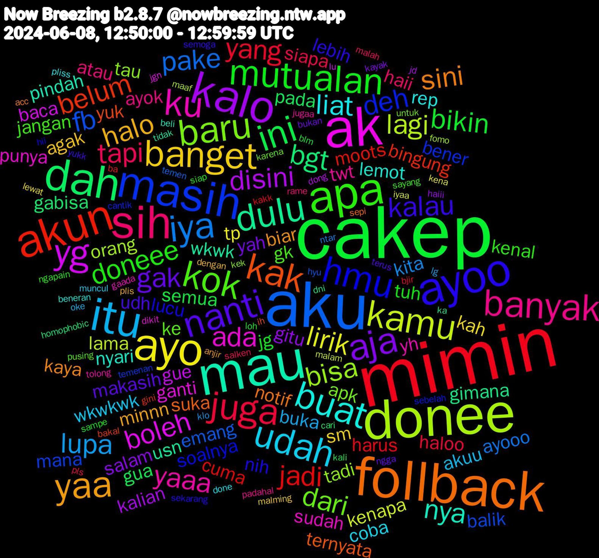 Word Cloud; its top words (sorted by weighted frequency, descending):  cakep, mimin, aku, donee, ak, mau, follback, ayoo, apa, sih, itu, ayo, kalo, dah, akun, masih, baru, ku, buat, yaa, nanti, mutualan, juga, iya, kamu, yg, dulu, kak, hmu, kok, banyak, udah, banget, aja, ini, jadi, fb, bisa, ada, nya, sini, kalau, doneee, tapi, lupa, lirik, disini, bgt, belum, deh, dari, yaaa, liat, halo, gak, bikin, yang, pake, lagi, boleh, wkwk, suka, nih, jangan, atau, akuu, kah, gitu, pada, moots, mana, tau, sudah, lemot, biar, udh, tuh, siapa, kita, kenapa, gue, gimana, yuk, soalnya, ke, twt, coba, agak, yah, semua, harus, emang, orang, ganti, pindah, notif, lebih, kenal, haii, buka, tp, kalian, gabisa, bingung, bener, apk, yh, rep, minnn, makasih, jg, haloo, ayooo, lama, baca, usn, ternyata, lucu, gk, ayok, wkwkwk, sm, salam, gua, cuma, balik, tadi, punya, nyari, kaya, yukk, siap, salken, klo, iyaa, dong, dni, bakal, sebelah, karena, jugaa, done, dengan, bukan, blm, bjir, temen, maaf, jgn, tidak, sepi, sekarang, sayang, rame, oke, lewat, haiii, cari, ba, temenan, kek, gaada, beneran, anjir, terus, sampe, pls, ntar, malam, lu, ka, ih, hii, pusing, padahal, muncul, malming, kayak, kali, kakk, hyu, fomo, dikit, beli, acc, semoga, ngapain, malah, lg, kena, jd, homophobic, gini, cantik, untuk, tolong, pliss, plis, ngga, loh