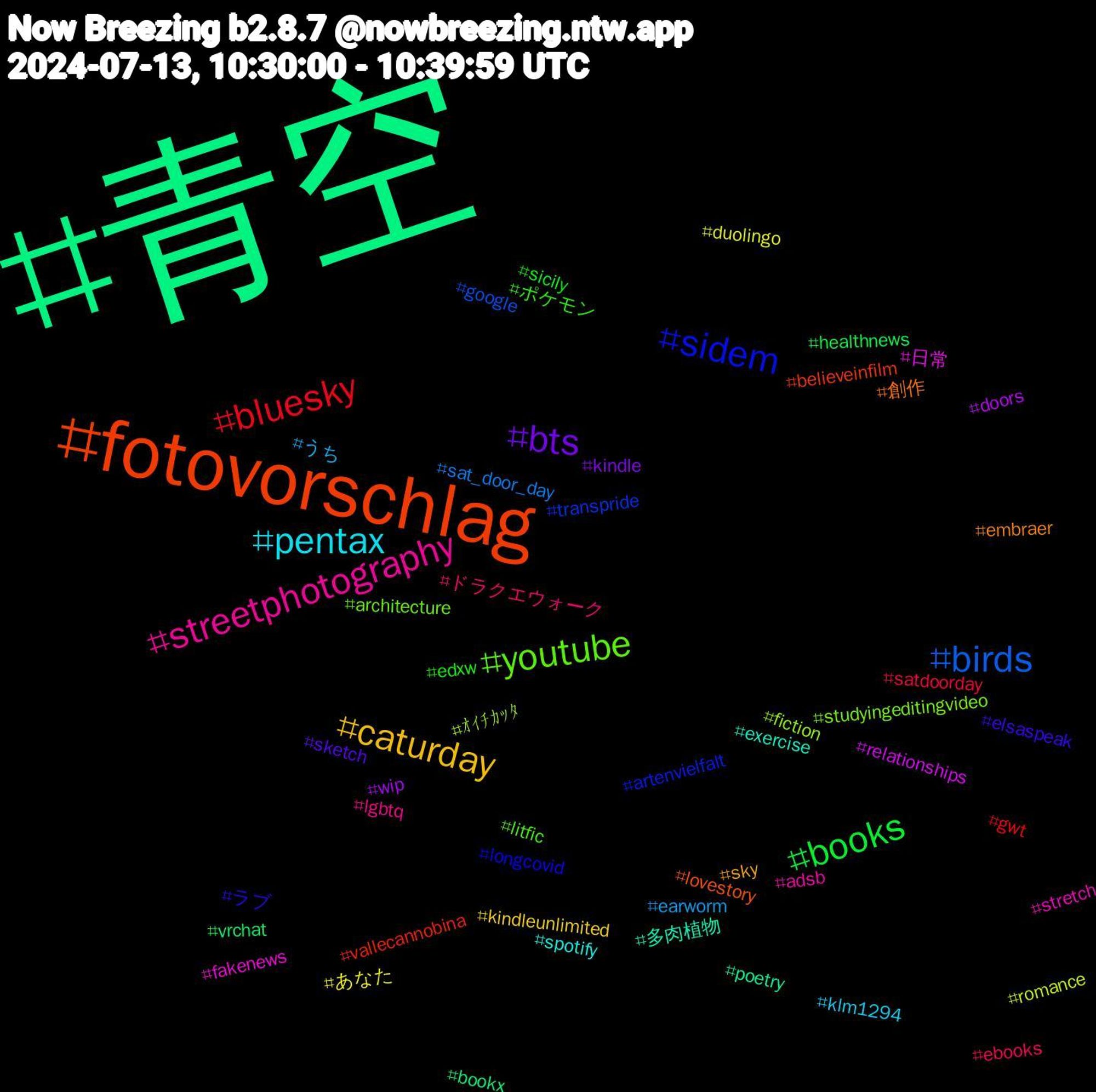 Hashtag Cloud; its hashtagged words/phrases (sorted by weighted frequency, descending):  青空, fotovorschlag, sidem, youtube, streetphotography, pentax, caturday, bts, books, bluesky, birds, ｵｲﾁｶｯﾀ, 日常, 多肉植物, 創作, ラブ, ポケモン, ドラクエウォーク, うち, あなた, wip, vrchat, vallecannobina, transpride, studyingeditingvideo, stretch, spotify, sky, sketch, sicily, satdoorday, sat_door_day, romance, relationships, poetry, lovestory, longcovid, litfic, lgbtq, klm1294, kindleunlimited, kindle, healthnews, gwt, google, fiction, fakenews, exercise, embraer, elsaspeak, edxw, ebooks, earworm, duolingo, doors, bookx, believeinfilm, artenvielfalt, architecture, adsb