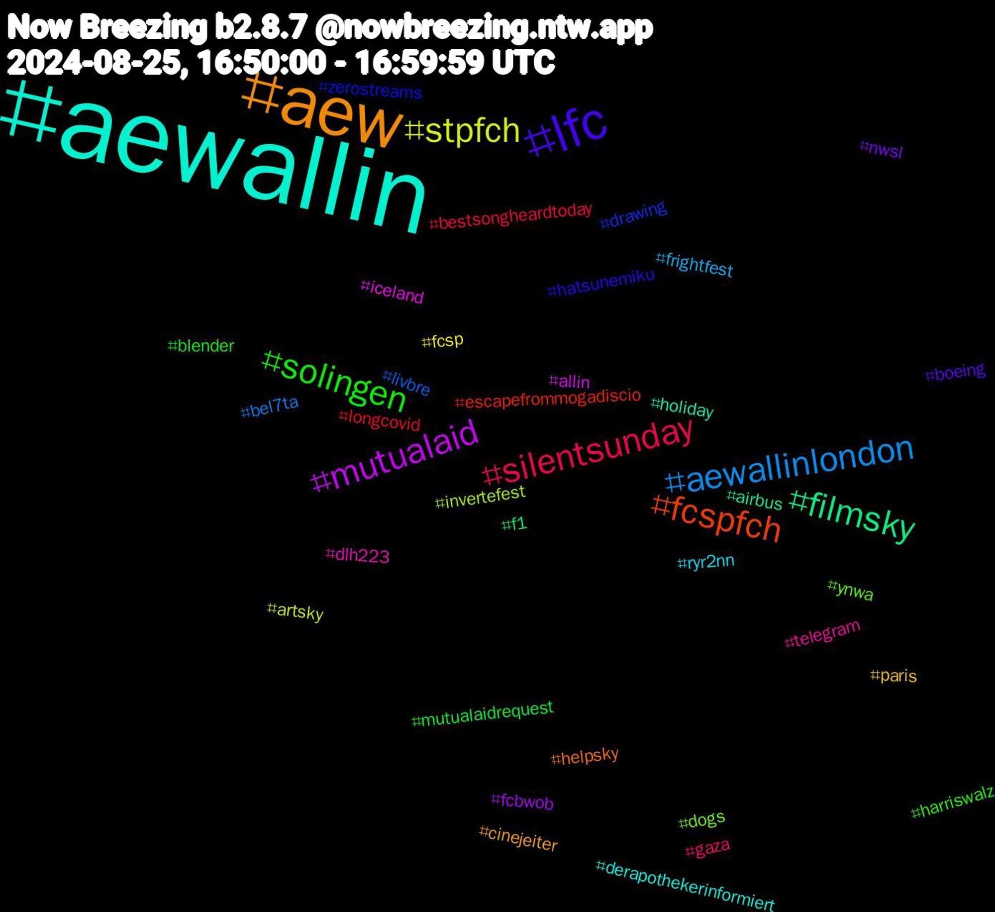 Hashtag Cloud; its hashtagged words/phrases (sorted by weighted frequency, descending):  aewallin, aew, lfc, solingen, silentsunday, aewallinlondon, stpfch, mutualaid, filmsky, fcspfch, zerostreams, ynwa, telegram, ryr2nn, paris, nwsl, mutualaidrequest, longcovid, livbre, invertefest, iceland, holiday, helpsky, hatsunemiku, harriswalz, gaza, frightfest, fcsp, fcbwob, f1, escapefrommogadiscio, drawing, dogs, dlh223, derapothekerinformiert, cinejeiter, boeing, blender, bestsongheardtoday, bel7ta, artsky, allin, airbus