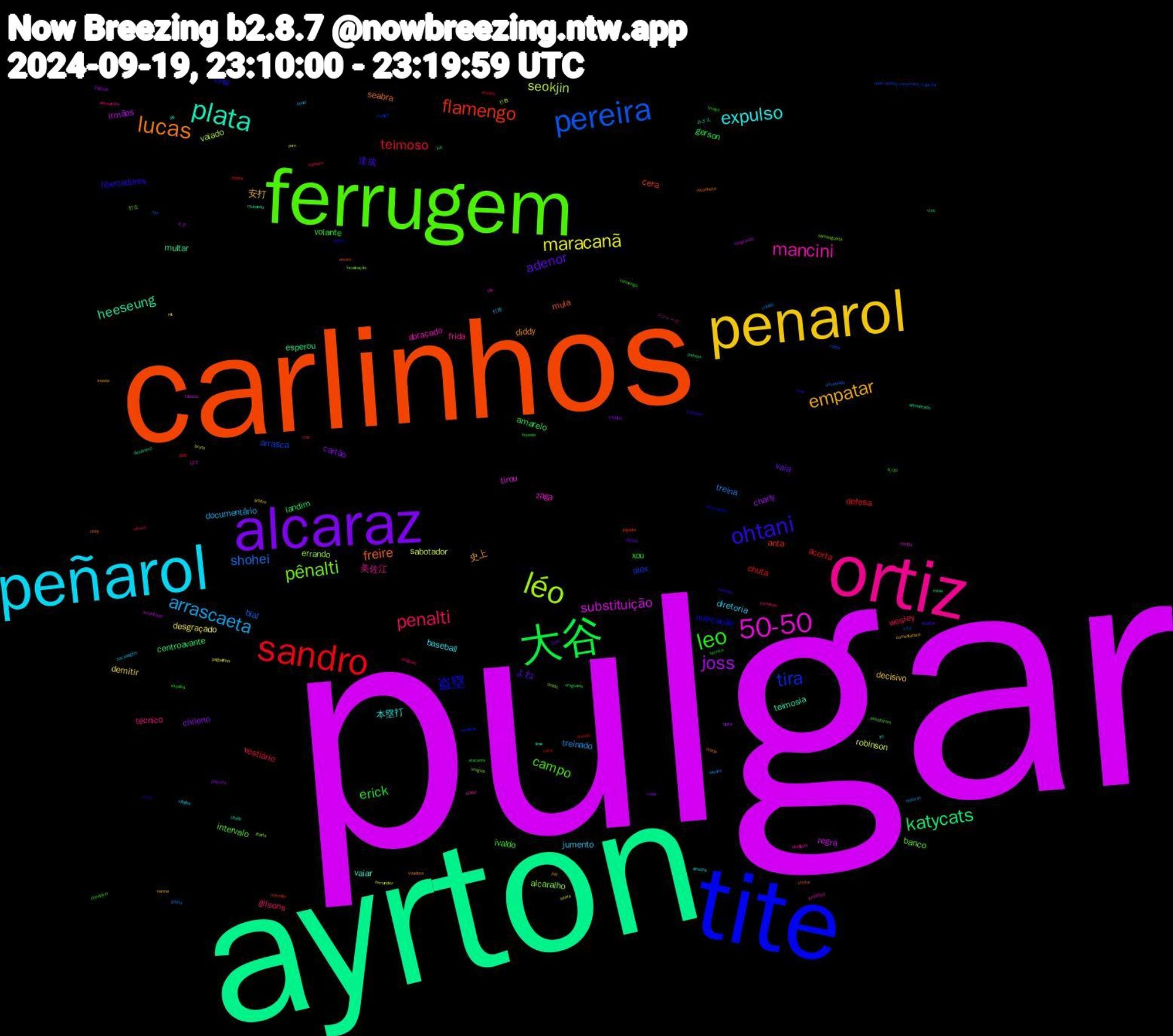 Word Cloud; its top words (sorted by weighted frequency, descending):  pulgar, ayrton, carlinhos, tite, ferrugem, ortiz, peñarol, penarol, alcaraz, 大谷, sandro, pereira, léo, 50-50, plata, lucas, ohtani, leo, penalti, arrascaeta, maracanã, joss, katycats, flamengo, tira, pênalti, mancini, expulso, empatar, adenor, erick, teimoso, shohei, seokjin, substituição, heeseung, freire, 盗塁, campo, técnico, jumento, demitir, chileno, landim, chuta, arrasca, errando, zaga, vaiar, diddy, 達成, xou, wesley, treinado, robinson, irmãos, esperou, cera, braz, banco, 美佐江, baseball, 安打, vaia, gerson, defesa, bial, vaiado, tirou, teimosia, seabra, libertadores, ivaldo, gilsons, documentário, desgraçado, charly, centroavante, anta, alex, alcaralho, abraçado, 本塁打, 史上, よね, volante, vestiário, treina, sabotador, regra, multar, mula, marcação, intervalo, frida, diretoria, decisivo, cartão, amarelo, acerta, 打点, はて, área, voadora, treinador, tecnico, suposto, sheeran, porn, lupita, juiz, jogador, henrique, flamenguista, desliguei, desisto, comentarista, burro, atacante, assalto, amarelado, 打数, イチ, みさえ, zinho, xuxa, varmengo, uruguaio, sacanagem, ret, playoffs, passes, pardal, open.spotify.com/track/1qpv3q, liberta, juntinhos, jm, insiste, infartar, expulsa, cruz, critério, bruno, arrombado, aposentado, amam, adversários, 4/10, 143, ドジャース, villalba, verme, vaias, uruguaios, trovão, tire, tirado, silk, roubando, reconheço, queimou, previsível, perdendo, penal, pagodinho, pagode, mtas, mermão, mengo, localização, lateral, jão, juíz, jogada, imundo, guto, gasta, fernandez, fabrício, desânimo, chutar, bases, assaltaram, alexsandro, 打席, árbitro, yeonjun, vtnc, vaza, varela, uruguai, torcida, titular, tiraria, tirar, timeco, silvera, silveira, seara, sangrando