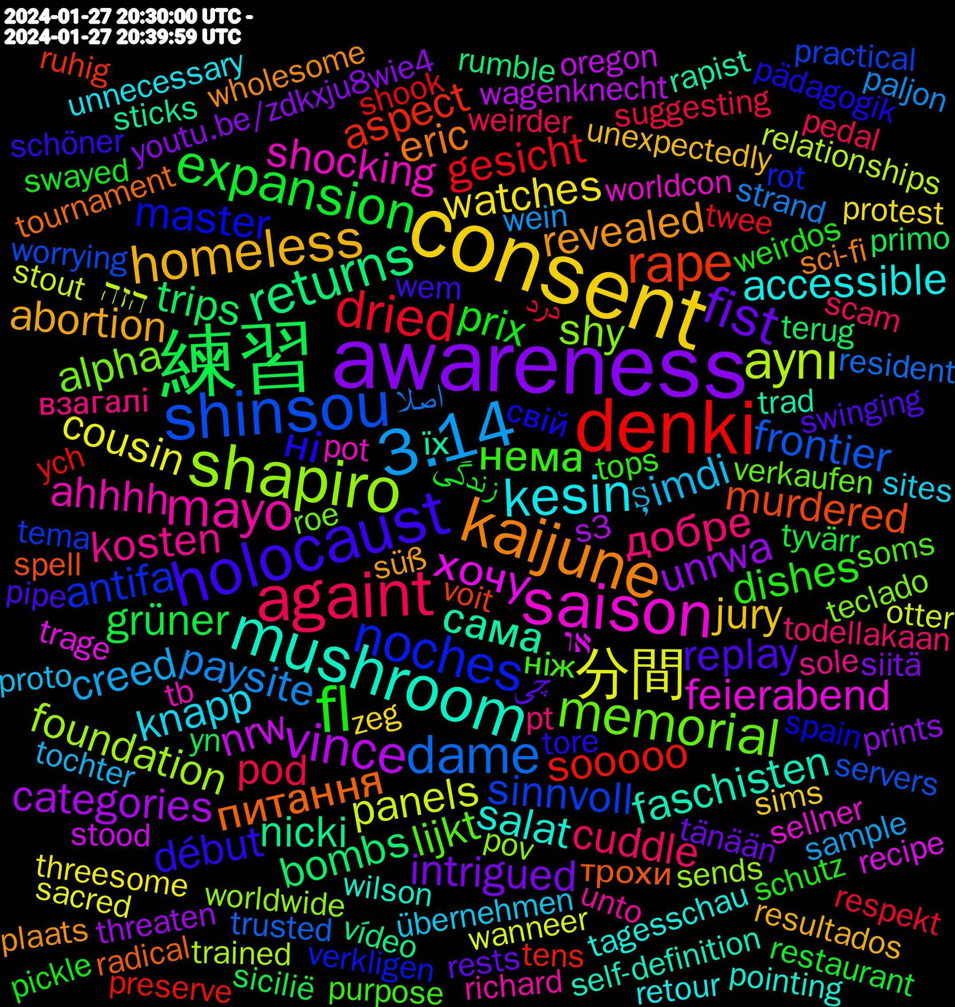 Word Cloud; its top words (sorted by weighted frequency, descending):  consent, awareness, 練習, denki, shinsou, shapiro, saison, mushroom, kaijune, holocaust, fl, againt, 3.14, 分間, vince, returns, rape, noches, memorial, mayo, kesin, homeless, fist, expansion, dried, dame, aynı, хочу, сама, питання, ні, нема, добре, şimdi, watches, unrwa, trips, sooooo, sinnvoll, shy, shocking, salat, revealed, replay, prix, pod, paysite, panels, nrw, nicki, murdered, master, lijkt, kosten, knapp, jury, intrigued, grüner, gesicht, frontier, foundation, feierabend, faschisten, eric, début, dishes, cuddle, creed, cousin, categories, bombs, aspect, antifa, alpha, ahhhh, accessible, abortion, چی, زندگی, درد, اصلا, הזה, או, їх, трохи, свій, ніж, взагалі, übernehmen, zeg, youtu.be/zdkxju8wie4, yn, ych, worrying, worldwide, worldcon, wilson, wholesome, wem, weirdos, weirder, wein, wanneer, wagenknecht, vídeo, voit, verkligen, verkaufen, unto, unnecessary, unexpectedly, tänään, tyvärr, twee, trusted, trained, trage, trad, tournament, tore, tops, todellakaan, tochter, threesome, threaten, terug, tens, tema, teclado, tb, tagesschau, süß, swinging, swayed, suggesting, strand, stout, stood, sticks, spell, spain, soms, sole, sites, sims, siitä, sicilië, shook, servers, sends, sellner, self-definition, sci-fi, schöner, schutz, scam, sample, sacred, s3, rumble, ruhig, rot, roe, richard, retour, resultados, rests, restaurant, respekt, resident, relationships, recipe, rechtsextremismus, rapist, radical, pädagogik, purpose, pt, provided, proto, protest, prints, primo, preserve, practical, pov, pot, pointless, pointing, plaats, pipe, pickle, petition, pedal, peaceful, parar, paljon, overall, otter, oregon