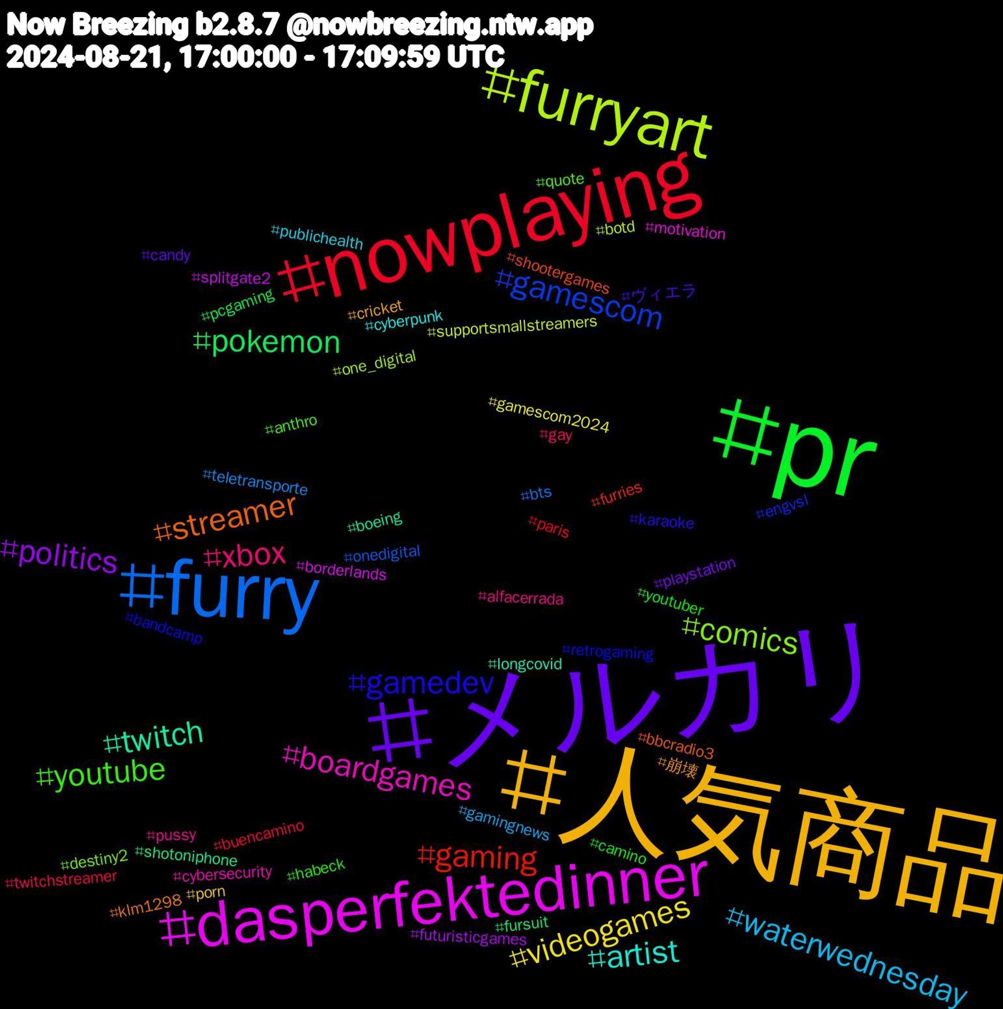 Hashtag Cloud; its hashtagged words/phrases (sorted by weighted frequency, descending):  人気商品, メルカリ, pr, nowplaying, furry, furryart, dasperfektedinner, twitch, streamer, gamedev, youtube, xbox, waterwednesday, videogames, politics, pokemon, gaming, gamescom, comics, boardgames, artist, 崩壊, ヴィエラ, youtuber, twitchstreamer, teletransporte, supportsmallstreamers, splitgate2, shotoniphone, shootergames, retrogaming, quote, pussy, publichealth, porn, playstation, pcgaming, paris, onedigital, one_digital, motivation, longcovid, klm1298, karaoke, habeck, gay, gamingnews, gamescom2024, futuristicgames, fursuit, furries, engvsl, destiny2, cybersecurity, cyberpunk, cricket, candy, camino, buencamino, bts, botd, borderlands, boeing, bbcradio3, bandcamp, anthro, alfacerrada