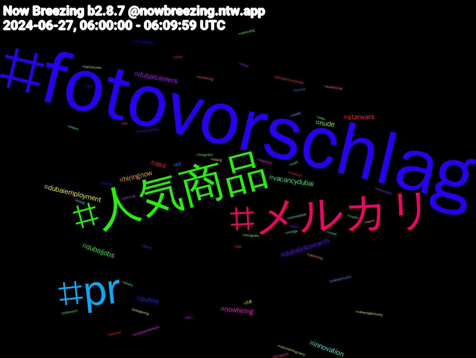 Hashtag Cloud; its hashtagged words/phrases (sorted by weighted frequency, descending):  fotovorschlag, 人気商品, メルカリ, pr, dubaiemployment, dubaicareers, vacancydubai, starwars, pussy, nude, nowhiring, innovation, hiringnow, dubaijobsearch, dubaijobs, ass, 風景, 読書, ねこ, workindubai, werehiring, wearehiring, verbinding, usa, travel, tilburg, theacolyte, shorts, podcast, pizza, naturephotography, longcovid, kraft, jobshiring, jobsearchdubai, jobsearch, jobopportunitydubai, jobopportunity, jobopening, jobhiring, inrange, hot, holiday, hiringjobs, hiringalert, hiring, hems, haiku, fotografie, fanza, fantasy, familytunes, employmentdubai, elezen, dubaihiring, dnd, crypto, covid19, chxe5, careeropportunity, anisd, adsb