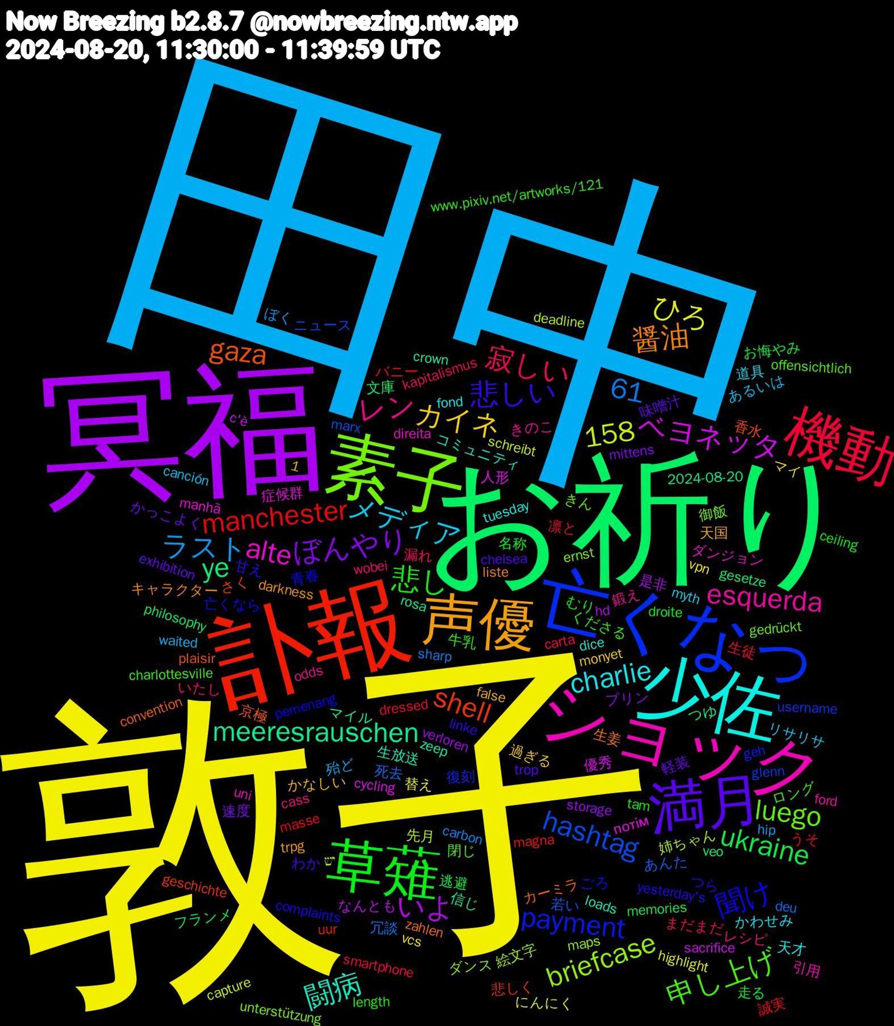 Word Cloud; its top words (sorted by weighted frequency, descending):  田中, 敦子, 冥福, お祈り, 訃報, 亡くなっ, 素子, ショック, 少佐, 声優, 満月, 草薙, 機動, ベヨネッタ, meeresrauschen, gaza, 61, 1,158, 聞け, 申し上げ, レン, メディア, カイネ, ぼんやり, ukraine, manchester, hashtag, briefcase, alte, 闘病, 醤油, 悲しい, 悲し, 寂しい, ラスト, ひろ, いよ, ye, shell, payment, luego, esquerda, charlie, 軽装, 走る, 生徒, 死去, 姉ちゃん, 人形, マイル, カーミラ, つら, くださる, いたし, あるいは, vcs, storage, philosophy, magna, glenn, ernst, direita, dice, darkness, chelsea, ceiling, carta, carbon, capture, c'è, 2024-08-20, 香水, 青春, 閉じ, 鍛え, 道具, 過ぎる, 速度, 逃避, 誠実, 若い, 絵文字, 症候群, 生放送, 生姜, 甘え, 牛乳, 漏れ, 殆ど, 替え, 是非, 文庫, 悲しく, 復刻, 御飯, 引用, 天才, 天国, 味噌汁, 名称, 凛と, 冗談, 先月, 優秀, 信じ, 京極, 亡くなら, ロング, レシピ, リサリサ, マイ, プリン, フランメ, バニー, ニュース, ダンス, ダンジョン, コミュニティ, キャラクター, わか, むり, まだまだ, ぼく, にんにく, なんとも, つゆ, さく, ごろ, きん, きのこ, かわせみ, かなしい, かっこよく, お悔やみ, うそ, あんた, יש, потім, zeep, zahlen, yesterday's, www.pixiv.net/artworks/121, wobei, waited, vpn, verloren, veo, uur, username, unterstützung, uni, tuesday, trpg, trop, tam, smartphone, sharp, schreibt, sacrifice, rosa, plaisir, pemenang, offensichtlich, odds, myth, monyet, mittens, memories, masse, marx, maps, manhã, loads, liste, linke, length, kapitalismus, hip, highlight, hd, gesetze, geschichte, geh, gedrückt, ford, fond, false, exhibition, droite, dressed, deu, deadline, cycling, crown, convention, complaints, charlottesville, cass, canción, cable