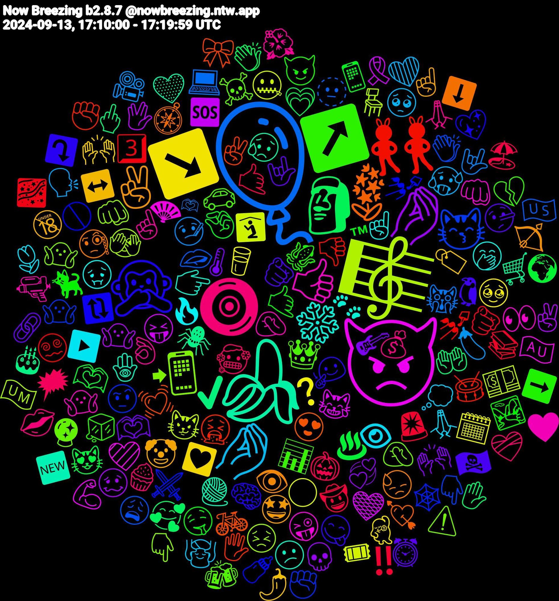 Emoji Cloud; its emojis (sorted by weighted frequency, descending):  🎈, 🎼, 👿, 🍌, 🪻, 🙊, ↗️, 🧿, 🤌, ↘️, 🤌🏼, 🗿, 👯‍♀️, 😽, 📲, 👍🏾, ❄️, ✌🏼, 🫵, 🤙🏽, 🤙🏼, 🤒, 🛐, 😝, 🕷️, 💓, 💅, 👑, 👌🏻, 👁, 🏷️, 🎸, ♨️, 3️⃣, 🫦, 🫣, 🪭, 🪬, 🧐, 🧏, 🦑, 🥶, 🥵, 🥛, 🤷🏻‍♀️, 🤲🏻, 🤮, 🤨, 🤦🏽‍♀️, 🤦‍♂️, 🤢, 🤡, 🤟🏽, 🤏🏼, 🚨, 🙀, 😼, 😹, 😥, 😍, 🔃, 📊, 💰, 💭, 💟, 💞, 💗, 💅🏼, 👏🏼, 👊🏽, 👊🏼, 👉🏻, 👁️, 🐧, 🐈‍⬛, 🎃, 🍆, 🌕, 🆘, ✔️, ✌🏻, ⚔️, ☠️, ☝🏻, ▶️, ↔️, 🫶🏽, 🫶🏼, 🫵🏻, 🫥, 🪑, 🩷, 🧶, 🧭, 🧠, 🧊, 🧁, 🥺, 🥹, 🥴, 🥰, 🥁, 🤷🏽‍♀️, 🤷‍♂️, 🤷‍♀️, 🤭, 🤩, 🤥, 🤤, 🤠, 🤟🏻, 🤐, 🤎, 🛒, 🚲, 🚫, 🚗, 🙏🏼, 🙏🏻, 🙌🏻, 🙌, 😻, 😵‍💫, 😩, 😣, 😜, 😕, 😓, 😋, 😈, 🗯, 🗣️, 🗓️, 🖖, 🖕, 🖐🏼, 🕸️, 🔮, 🔫, 🔥, 🔞, 🔗, 📱, 📚, 💻, 💵, 💪🏼, 💛, 💘, 💖, 💔, 💋, 💆‍♀️, 💃, 💀, 👏🏻, 👎🏾, 👇🏽, 👇, 👀, 🐾, 🏹, 🏴‍☠️, 🏞️, 🏖️, 🎥, 🎟, 🎗️, 🎂, 🎀, 🍼, 🍻, 🌺, 🌷, 🌶️, 🌡️, 🌍, 🌌, 🇺🇸, 🇺🇲, 🇦🇺, 🆕, ⬇️, ⤵️, ➡️, ❤️‍🩹, ❤️, ❓, ✌️, ✋🏻, ✊🏽, ✊🏻, ⚠️, ♥️, ☝🏾, ☝🏽, ⏰, ™, ‼️, 🫶