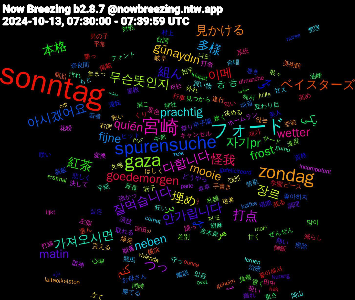 Word Cloud; its top words (sorted by weighted frequency, descending):  sonntag, spurensuche, gaza, 宮崎, フォード, zondag, 안가립니다, 本格, goedemorgen, fijne, 장르, 打点, ㅎㅎ, ベイスターズ, چی, در, wetter, neben, günaydın, 잘먹습니다, 자기pr, 이메, 아시겠어요, 무슨뜻인지, 다합니다, 가져오시면, 見かける, 組ん, 紅茶, 怪我, 多様, 埋め, つっ, یکی, کنم, چه, هر, quién, prachtig, mooie, matin, frost, 제가, 매일, 나도, 順番, 金木犀, 進行, 資格, 負傷, 田中, 甘え, 瑞希, 演技, 油断, 残る, 昼飯, 散々, 打線, 守っ, 塗装, 堪能, 台詞, 匂い, 勝てる, 共感, ホームラン, フォント, ピース, ヒット, サード, キャンセル, もと, ほしく, どうやら, ぜんぜん, くり, お母さん, کردم, همه, میشه, رو, داره, خیلی, از, теж, vivienda, parle, ovat, ounce, nurse, moin, lijkt, lernen, laitaoikeiston, kurang, klappt, kak, kaffee, jullie, incompetent, gumo, geheim, gefeliciteerd, erstmal, dimanche, comet, cdt, 후후, 해서, 좋아해서, 좋아하지, 저도, 저는, 있음, 않는, 싶은, 많이, 高め, 離脱, 集まっ, 阪神, 重き, 選ん, 運転, 速度, 踊っ, 買い物, 貰える, 調理, 見つから, 行事, 若者, 若干, 花粉, 胡麻, 美術館, 美人, 置く, 系統, 競馬, 立て, 祭り, 神社, 男の子, 甲子園, 甘く, 狙い, 狂い, 爆発, 熱い, 炊く, 減らし, 治療, 決める, 決して, 汚れ, 横浜, 村上, 札幌, 景色, 整理, 救い, 撮れ, 描こ, 掲載, 掃除, 拍手, 打者, 手紙, 手書き, 悲しく, 心理, 御飯, 彗星, 強烈, 強かっ, 延長, 平常, 巻き, 差別, 左側, 岡山, 岐阜, 屋根, 対戦, 学園, 奈良間, 外れ, 変換, 変わり目, 商品, 咲い, 同時, 吉田, 合唱, 右側, 取れる, 午前, 勝っ