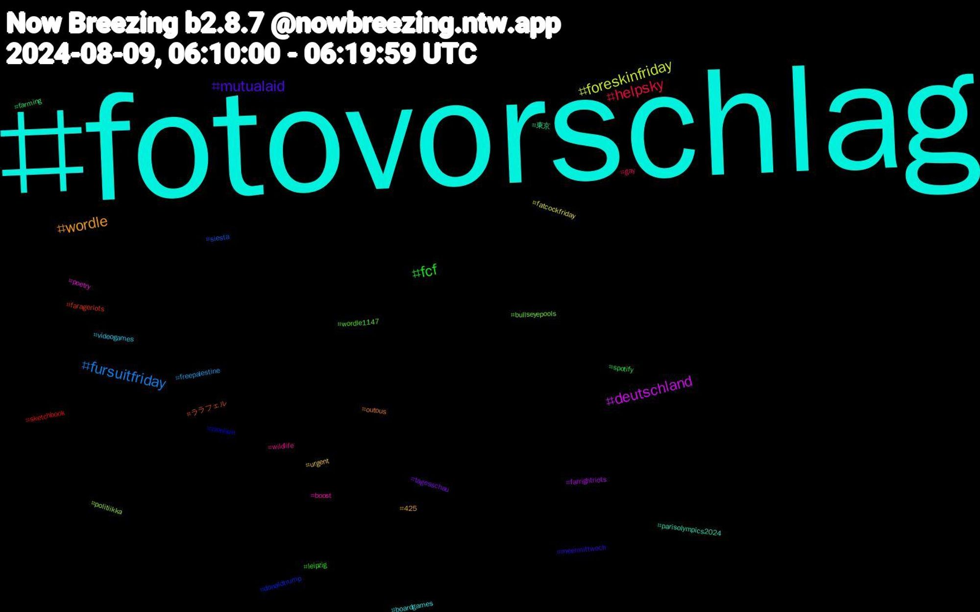 Hashtag Cloud; its hashtagged words/phrases (sorted by weighted frequency, descending):  fotovorschlag, wordle, mutualaid, fcf, helpsky, fursuitfriday, foreskinfriday, deutschland, 東京, ララフェル, zionism, wordle1147, wildlife, videogames, urgent, tagesschau, spotify, sketchbook, siesta, politiikka, poetry, parisolympics2024, outous, meermittwoch, leipzig, gay, freepalestine, fatcockfriday, farrightriots, farming, farageriots, donaldtrump, bullseyepools, boost, boardgames, 425