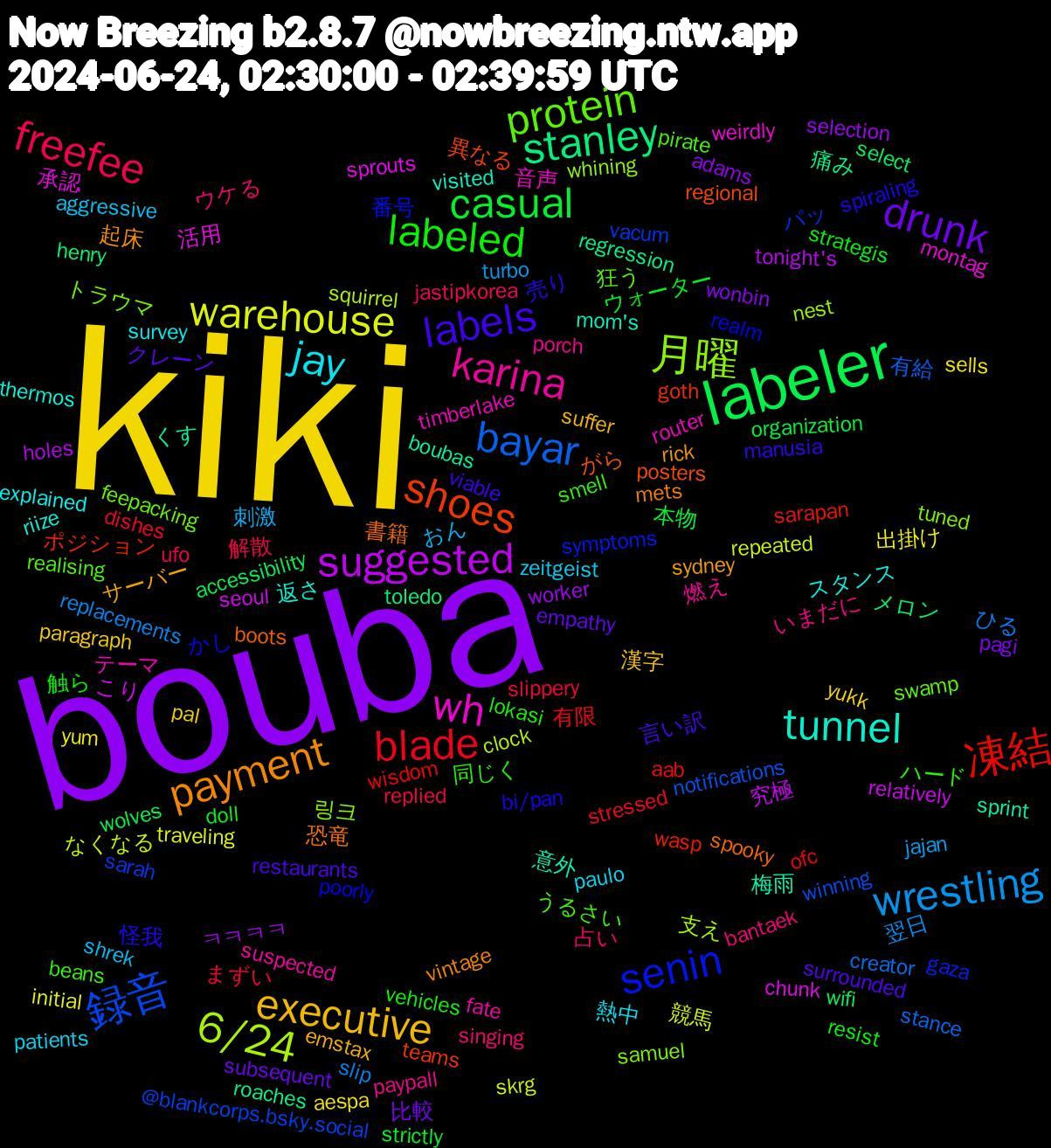 Word Cloud; its top words (sorted by weighted frequency, descending):  kiki, bouba, labeler, 凍結, 録音, 月曜, wh, tunnel, payment, labels, labeled, freefee, wrestling, warehouse, suggested, stanley, shoes, senin, protein, karina, jay, executive, drunk, casual, blade, bayar, 6/24, 活用, 梅雨, 書籍, 怪我, ハード, ウケる, おん, yum, worker, wifi, wasp, vacum, tuned, timberlake, thermos, sydney, surrounded, strategis, slippery, slip, skrg, seoul, roaches, posters, poorly, pirate, paypall, patients, pal, pagi, organization, ofc, notifications, nest, montag, mom's, mets, manusia, lokasi, jastipkorea, jajan, initial, holes, henry, goth, gaza, feepacking, fate, explained, emstax, empathy, doll, dishes, creator, clock, chunk, boubas, boots, bi/pan, beans, bantaek, aggressive, aespa, adams, accessibility, aab, @blankcorps.bsky.social, 링크, 音声, 返さ, 起床, 言い訳, 触ら, 解散, 翌日, 競馬, 究極, 痛み, 異なる, 番号, 狂う, 燃え, 熱中, 漢字, 比較, 本物, 有限, 有給, 支え, 承認, 意外, 恐竜, 売り, 同じく, 占い, 刺激, 出掛け, ㅋㅋㅋㅋ, メロン, ポジション, パッ, トラウマ, テーマ, スタンス, サーバー, クレーン, ウォーター, まずい, ひる, なくなる, こり, くす, がら, かし, うるさい, いまだに, zeitgeist, yukk, wonbin, wolves, wisdom, winning, whining, weirdly, visited, vintage, viable, vehicles, ufo, turbo, traveling, tonight's, toledo, teams, symptoms, swamp, suspected, survey, suffer, subsequent, strictly, stressed, stance, squirrel, sprouts, sprint, spooky, spiraling, smell, singing, shrek, sells, selection, select, sarapan, sarah, samuel, router, riize, rick, restaurants, resist, replied, replacements, repeated, relatively, regression, regional, realm, realising, porch, paulo, paragraph