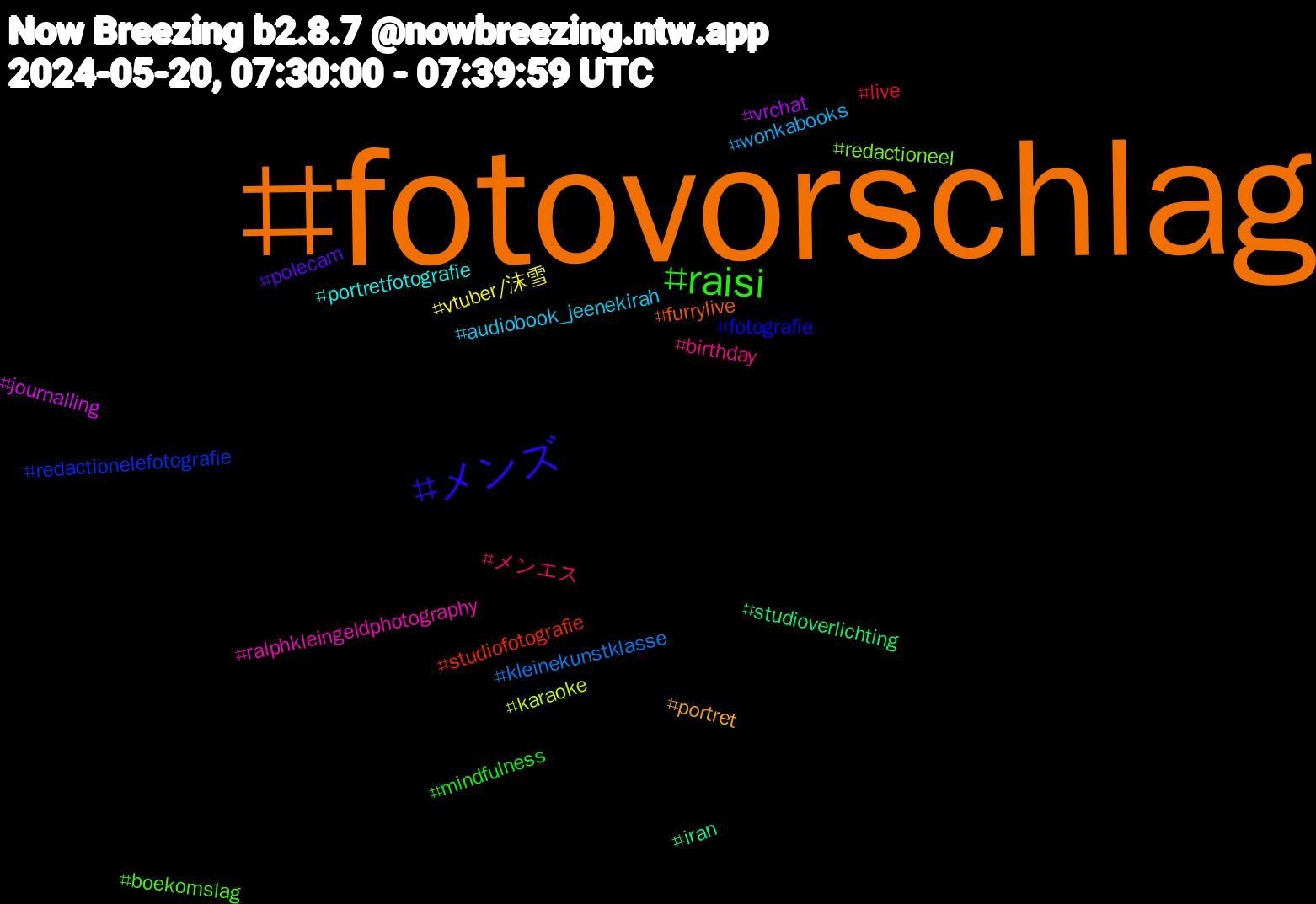 Hashtag Cloud; its hashtagged words/phrases (sorted by weighted frequency, descending):  fotovorschlag, メンズ, raisi, メンエス, wonkabooks, vtuber/沫雪, vrchat, studioverlichting, studiofotografie, redactionelefotografie, redactioneel, ralphkleingeldphotography, portretfotografie, portret, polecam, mindfulness, live, kleinekunstklasse, karaoke, journalling, iran, furrylive, fotografie, boekomslag, birthday, audiobook_jeenekirah