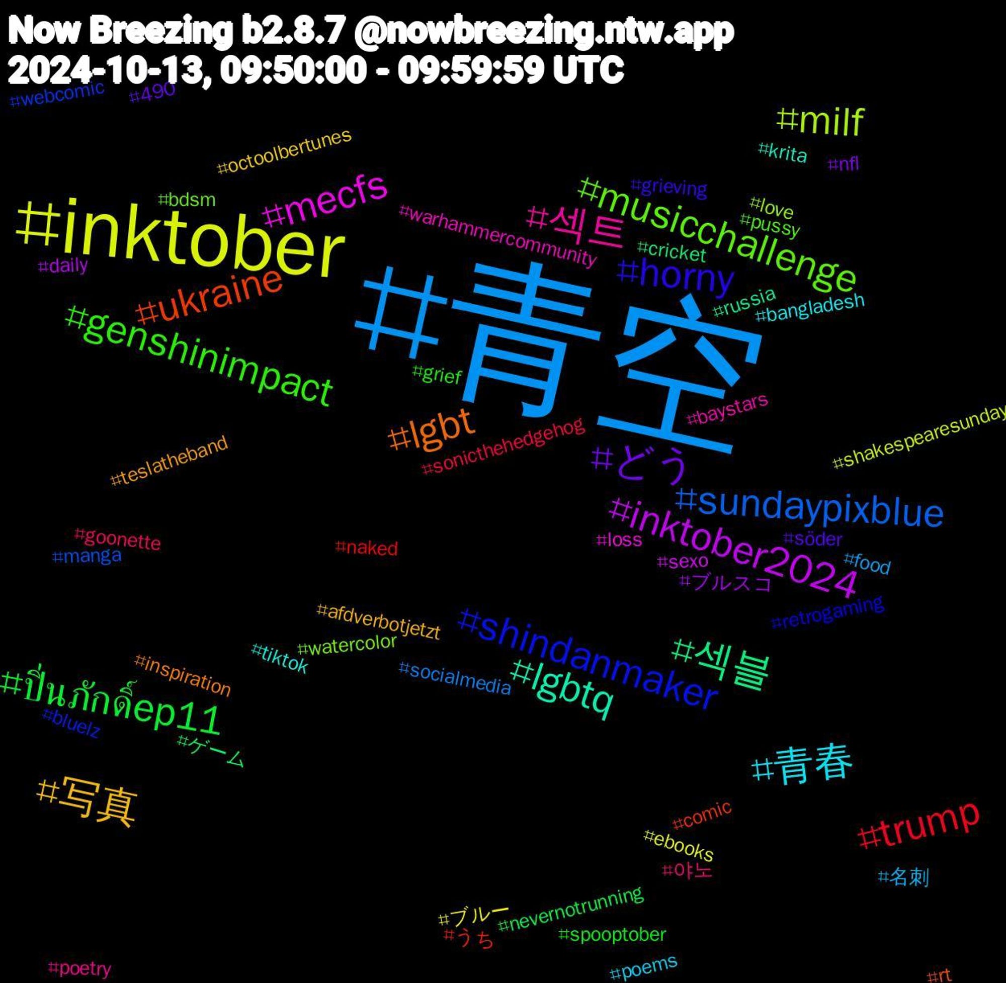 Hashtag Cloud; its hashtagged words/phrases (sorted by weighted frequency, descending):  青空, inktober, inktober2024, 섹블, ukraine, shindanmaker, musicchallenge, 섹트, 青春, 写真, どう, ปิ่นภักดิ์ep11, trump, sundaypixblue, milf, mecfs, lgbtq, lgbt, horny, genshinimpact, 야노, 名刺, ブルー, ブルスコ, ゲーム, うち, webcomic, watercolor, warhammercommunity, tiktok, teslatheband, söder, spooptober, sonicthehedgehog, socialmedia, shakespearesunday, sexo, russia, rt, retrogaming, pussy, poetry, poems, octoolbertunes, nfl, nevernotrunning, naked, manga, love, loss, krita, inspiration, grieving, grief, goonette, food, ebooks, daily, cricket, comic, bluelz, bdsm, baystars, bangladesh, afdverbotjetzt, 490