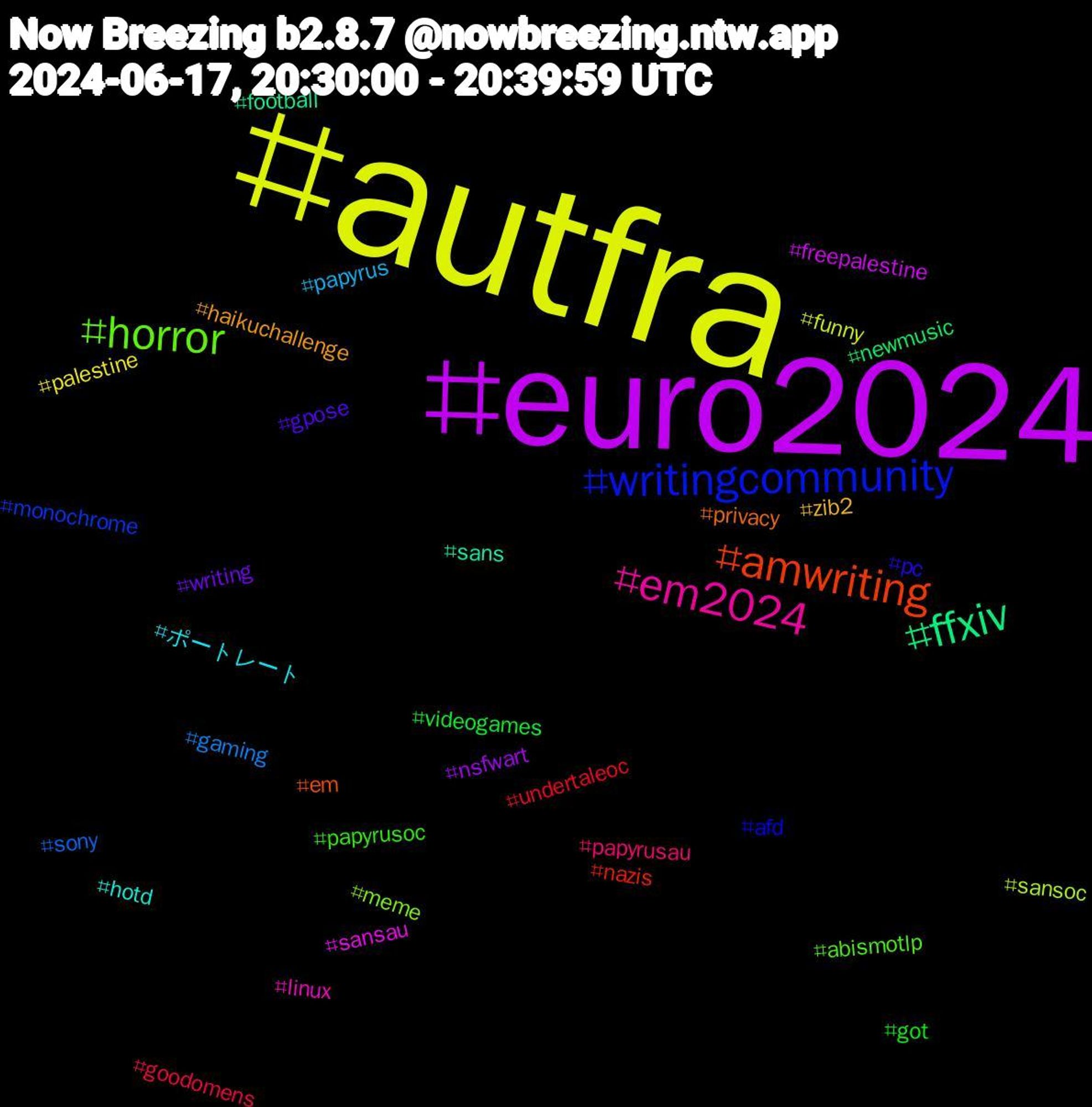 Hashtag Cloud; its hashtagged words/phrases (sorted by weighted frequency, descending):  autfra, euro2024, ffxiv, amwriting, writingcommunity, horror, em2024, ポートレート, zib2, writing, videogames, undertaleoc, sony, sansoc, sansau, sans, privacy, pc, papyrusoc, papyrusau, papyrus, palestine, nsfwart, newmusic, nazis, monochrome, meme, linux, hotd, haikuchallenge, gpose, got, goodomens, gaming, funny, freepalestine, football, em, afd, abismotlp