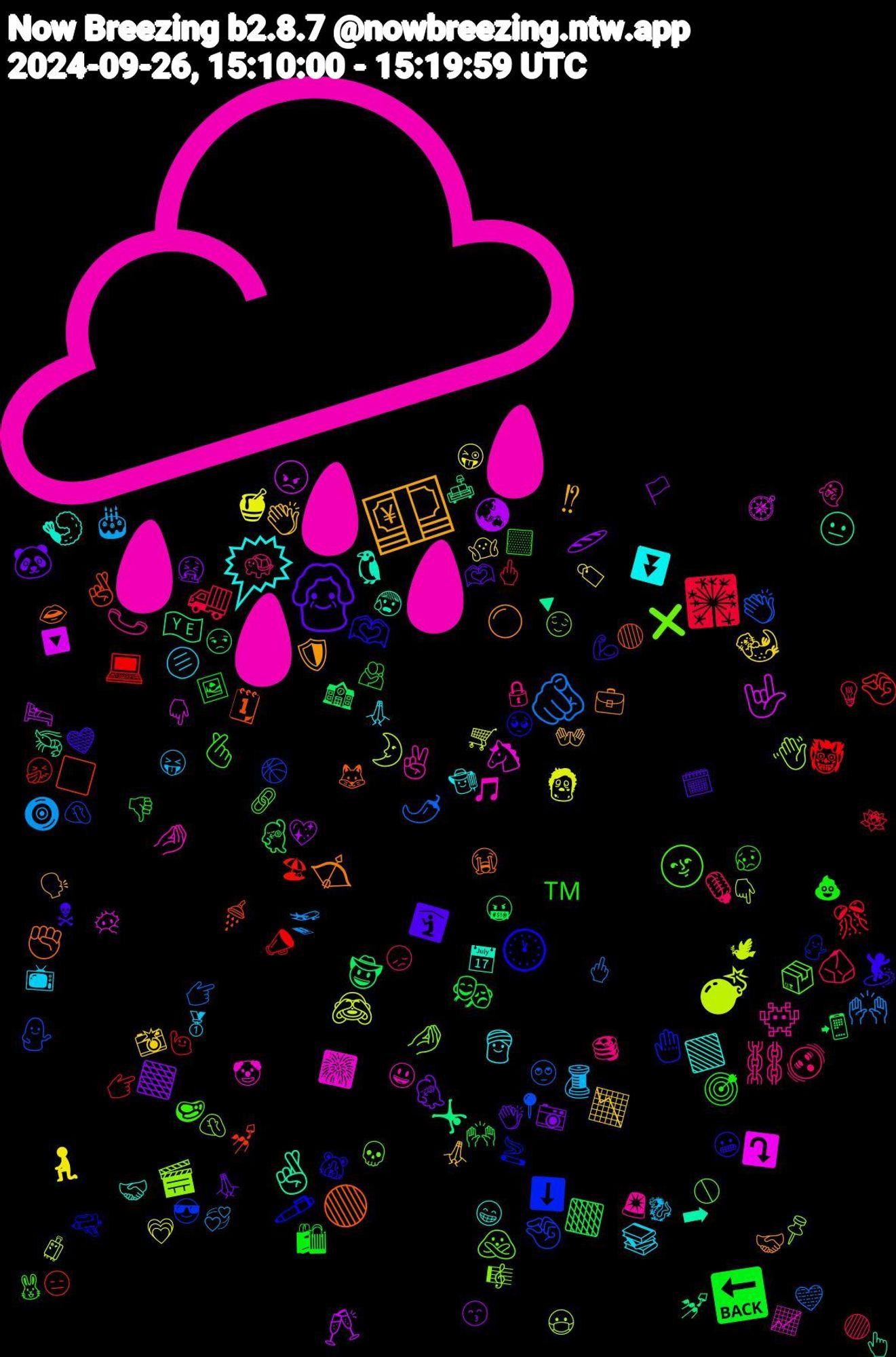 Emoji Cloud; its emojis (sorted by weighted frequency, descending):  🌧️, 🗯️, 💴, 👵🏽, 🔙, 🎇, 🫵🏽, 💣, 🤟🏼, 🤞🏽, 🟢, 🕐, 🌝, ⛓️, 🫓, 🦦, 🟫, 🟧, 💻, 💁, 🎬, 🎆, 🍤, ⚪, ☠, ™️, 🪨, 🧿, 🧟‍♀️, 🥂, 🤸🏻‍♀️, 🤞🏻, 🤚🏻, 🙅🏻‍♀️, 👾, 👳🏻‍♀️, 👏🏼, 🐼, 🎭, 🎊, 🌶️, 🌛, ⤵️, ➡, ✊🏻, 🫶🏻, 🫰🏽, 🫨, 🧵, 🧎‍♀️, 🥖, 🤠, 🤏🏻, 🤏, 🤌🏾, 🤌🏻, 🟩, 🛡️, 🛐, 🛍, 🚚, 🙌🏾, 🙈, 😠, 😐, 🗓, 🖊️, 📦, 📞, 📚, 📉, 💃🏻, 💃, 👹, 👏🏾, 👋🏽, 🐴, 🐧, 🏹, 🏄, 🎯, 🎙️, 🎂, 🍯, 🌏, 🇾🇪, ⬜, ⬇️, ❌, ✌, ⏬, ⁉, 🫶🏾, 🫂, 🪷, 🩵, 🧳, 🧭, 🦐, 🦊, 🥺, 🥩, 🥞, 🥇, 🤷🏻‍♀️, 🤮, 🤬, 🤧, 🤦🏽‍♂️, 🤦🏻, 🤡, 🤝🏼, 🤝🏻, 🤎, 🟨, 🟣, 🛫, 🛒, 🛌, 🛋️, 🚿, 🚬, 🚫, 🚨, 🙏🏽, 🙏🏻, 🙏, 🙌🏻, 🙋‍♀️, 🙄, 😷, 😶‍🌫️, 😰, 😭, 😬, 😥, 😞, 😝, 😜, 😙, 😒, 😑, 😎, 😌, 😃, 😁, 🗣️, 🗓️, 🖼️, 🖕🏼, 🖕🏻, 🕊, 🔽, 🔻, 🔴, 🔫, 🔗, 🔒, 📺, 📸, 📷, 📲, 📣, 📍, 📌, 📈, 📅, 💼, 💪🏾, 💩, 💡, 💞, 💗, 💖, 💅🏼, 💅, 💁🏽‍♀️, 💀, 👻, 👩‍🌾, 👐, 👏, 👎, 👉🏼, 👉, 👇🏻, 👇, 👆🏻, 👄, 🐹, 🐰, 🐢, 🐉, 🏷️, 🏳️, 🏫, 🏖, 🏀, 🎼, 🎵