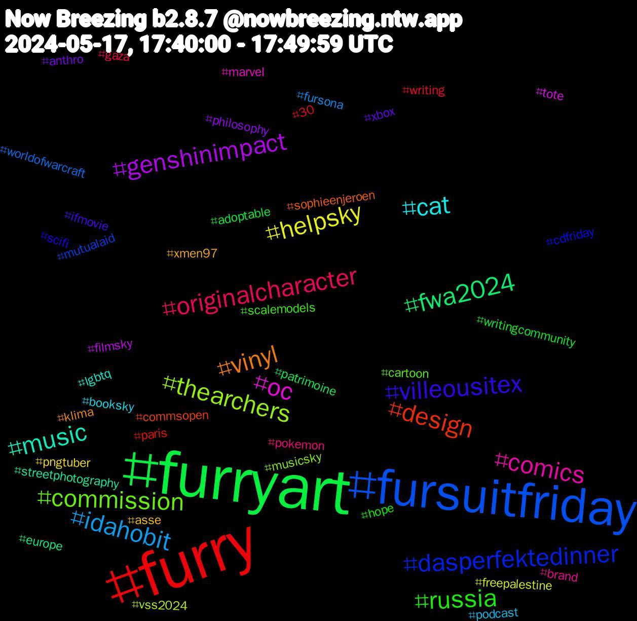 Hashtag Cloud; its hashtagged words/phrases (sorted by weighted frequency, descending):  furryart, furry, fursuitfriday, thearchers, oc, music, vinyl, villeousitex, russia, originalcharacter, idahobit, helpsky, genshinimpact, fwa2024, design, dasperfektedinner, commission, comics, cat, xmen97, xbox, writingcommunity, writing, worldofwarcraft, vss2024, tote, streetphotography, sophieenjeroen, scifi, scalemodels, pokemon, podcast, pngtuber, philosophy, patrimoine, paris, mutualaid, musicsky, marvel, lgbtq, klima, ifmovie, hope, gaza, fursona, freepalestine, filmsky, europe, commsopen, cdfriday, cartoon, brand, booksky, asse, anthro, adoptable, 30