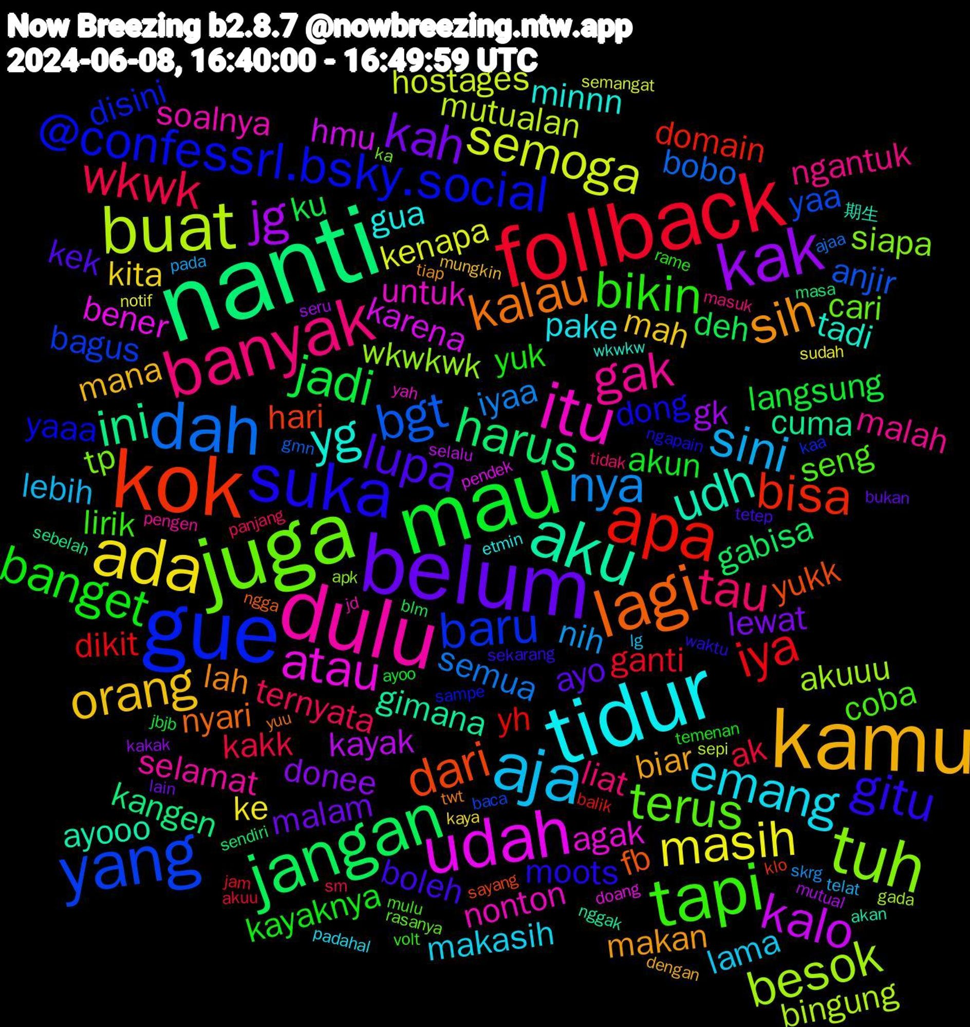 Word Cloud; its top words (sorted by weighted frequency, descending):  nanti, kok, gue, juga, dulu, tidur, kamu, belum, mau, follback, dah, buat, udah, aku, lagi, suka, tapi, banyak, aja, ada, kak, jangan, apa, yang, tuh, itu, yg, sih, lupa, banget, wkwk, nya, semoga, kalo, ini, dari, @confessrl.bsky.social, terus, gak, emang, orang, kah, jadi, iya, bgt, besok, atau, udh, kalau, gitu, bikin, tau, sini, masih, jg, harus, bisa, baru, tp, soalnya, gua, biar, ayo, akun, ak, semua, mutualan, karena, gimana, fb, dong, coba, ngantuk, lama, kita, donee, deh, yh, yaa, wkwkwk, untuk, tadi, lah, boleh, yuk, ternyata, nih, kenapa, kayak, kangen, hari, disini, cari, selamat, pake, mana, malam, langsung, ganti, bobo, bingung, bener, ayooo, nyari, moots, lirik, liat, lebih, ke, gk, gabisa, domain, bagus, siapa, nonton, minnn, makan, kek, kayaknya, kakk, iyaa, hostages, hmu, cuma, yukk, yaaa, seng, malah, makasih, mah, lewat, ku, dikit, anjir, akuuu, agak, 期生, twt, sekarang, rame, panjang, pada, notif, mutual, masa, klo, kaa, ka, jd, etmin, dengan, bukan, ayoo, akuu, ajaa, sepi, pendek, nggak, ngga, ngapain, mulu, masuk, lg, kaya, kakak, blm, balik, baca, apk, yah, wkwkw, tiap, tetep, temenan, sm, skrg, semangat, selalu, sebelah, sayang, sampe, rasanya, pengen, padahal, mungkin, lain, jbjb, jam, gmn, gada, doang, akan, yuu, waktu, volt, tidak, telat, sudah, seru, sendiri