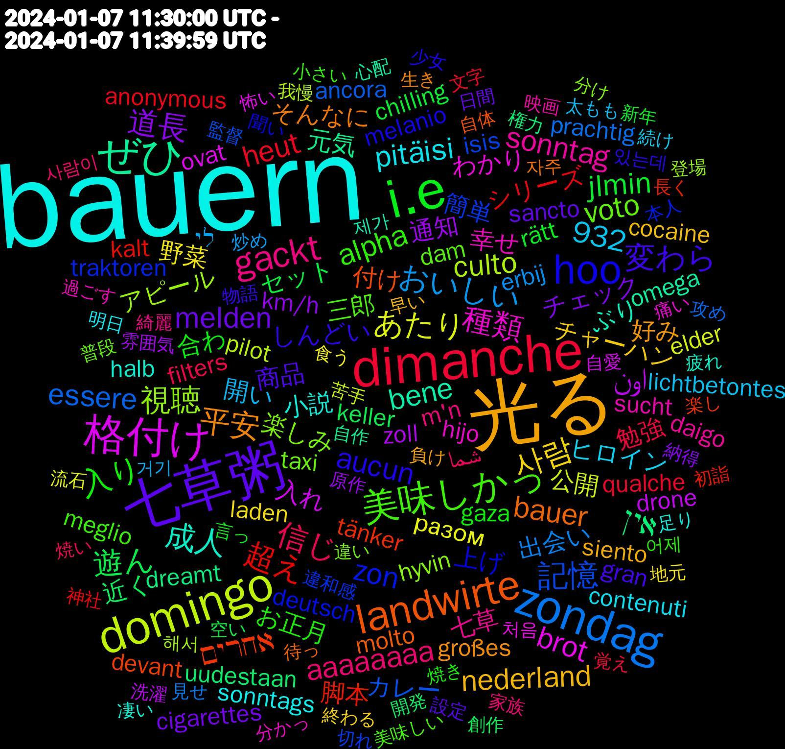 Word Cloud; its top words (sorted by weighted frequency, descending):  bauern, 光る, 七草粥, i.e, dimanche, zondag, domingo, 格付け, ぜひ, landwirte, hoo, 美味しかっ, gackt, 사람, 道長, 遊ん, 超え, 記憶, 視聴, 種類, 成人, 平安, 変わら, 入り, 信じ, おいしい, あたり, اون, אין, אחרים, zon, voto, sonntag, pitäisi, nederland, melden, jlmin, heut, essere, culto, brot, bene, bauer, aucun, alpha, aaaaaaaa, 932, 開い, 野菜, 通知, 近く, 脚本, 簡単, 楽しみ, 幸せ, 小説, 好み, 商品, 合わ, 勉強, 出会い, 公開, 入れ, 元気, 付け, 上げ, 三郎, 七草, ヒロイン, チャーハン, チェック, セット, シリーズ, カレー, アピール, わかり, ぶり, そんなに, しんどい, お正月, شما, לי, разом, zoll, uudestaan, tänker, traktoren, taxi, sucht, sonntags, siento, sancto, rätt, qualche, prachtig, pilot, ovat, omega, molto, melanio, meglio, m'n, lichtbetontes, laden, km/h, keller, kalt, isis, hyvin, hijo, halb, großes, gran, gaza, filters, erbij, elder, drone, dreamt, devant, deutsch, dam, daigo, contenuti, cocaine, cigarettes, chilling, anonymous, ancora, 해서, 처음, 제가, 자주, 있는데, 어제, 사람이, 거기, 食う, 雰囲気, 開発, 長く, 違和感, 違い, 過ごす, 足り, 負け, 設定, 言っ, 覚え, 見せ, 苦手, 自愛, 自作, 自体, 聞い, 美味しい, 綺麗, 続け, 終わる, 納得, 空い, 神社, 監督, 登場, 痛い, 疲れ, 生き, 物語, 焼き, 焼い, 炒め, 流石, 洗濯, 権力, 楽し, 本人, 普段, 映画, 明日, 早い, 日間, 新年, 文字, 攻め, 我慢, 怖い, 心配, 待っ, 少女, 小さい, 家族, 太もも, 地元, 原作, 創作, 初詣, 切れ, 分け, 分かっ, 凄い