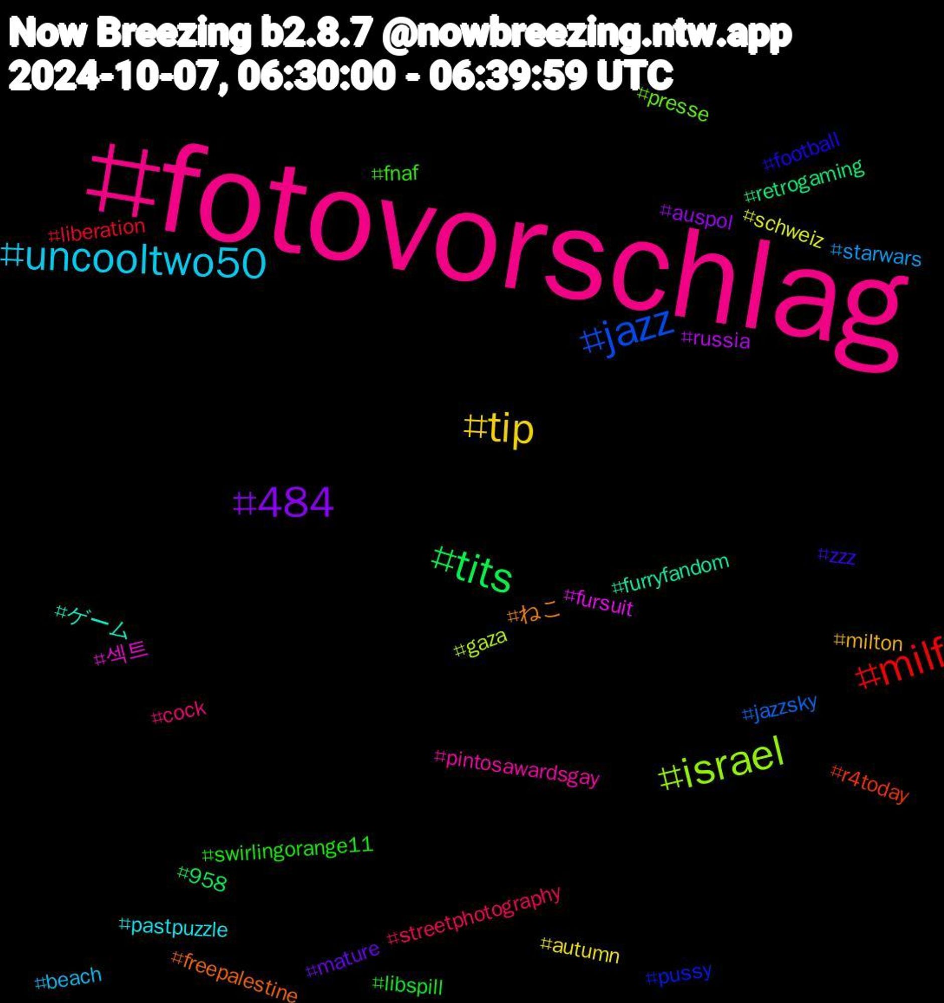 Hashtag Cloud; its hashtagged words/phrases (sorted by weighted frequency, descending):  fotovorschlag, uncooltwo50, tip, 484, tits, milf, jazz, israel, 섹트, ゲーム, ねこ, zzz, swirlingorange11, streetphotography, starwars, schweiz, russia, retrogaming, r4today, pussy, presse, pintosawardsgay, pastpuzzle, milton, mature, libspill, liberation, jazzsky, gaza, fursuit, furryfandom, freepalestine, football, fnaf, cock, beach, autumn, auspol, 958