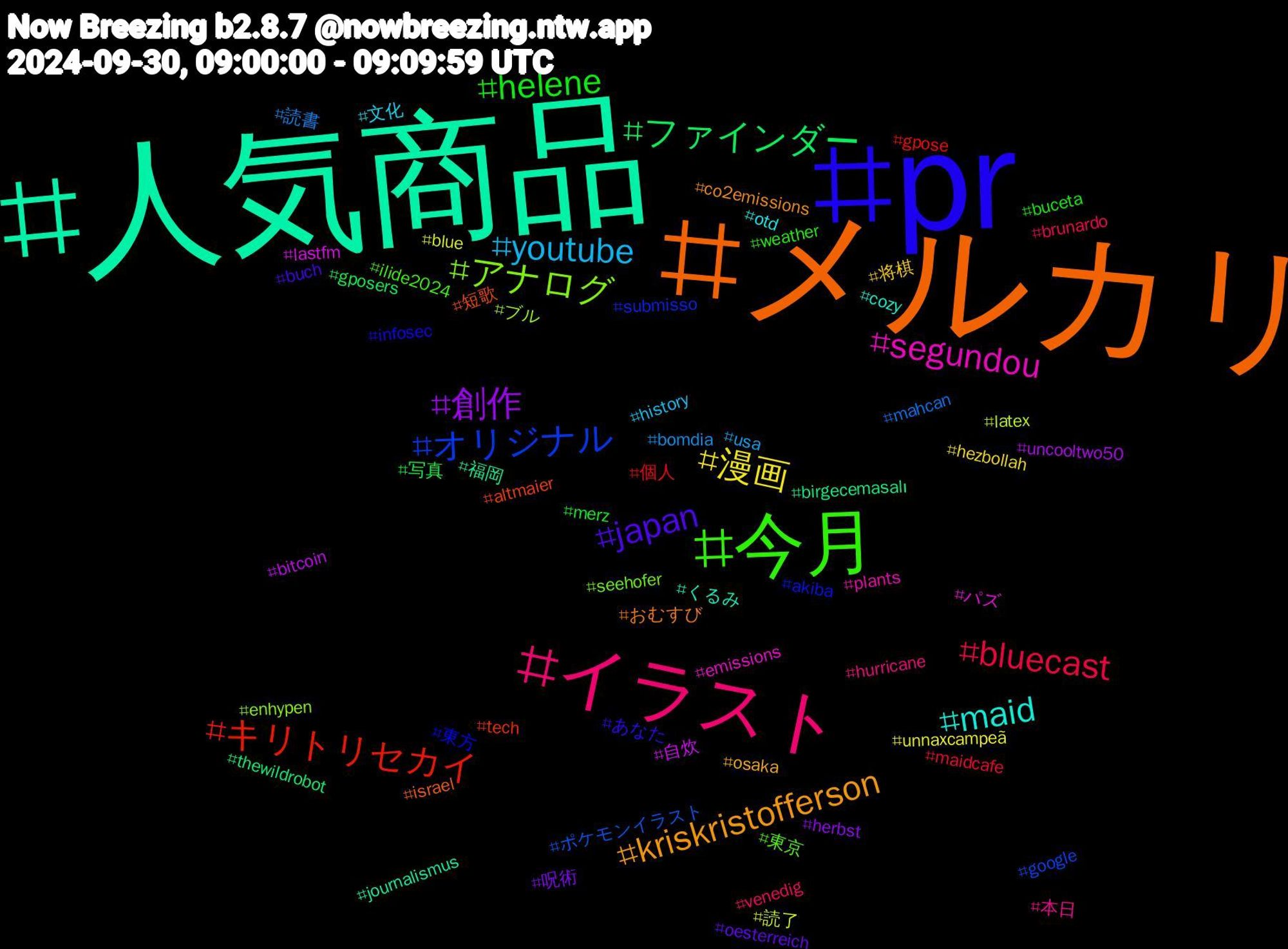 Hashtag Cloud; its hashtagged words/phrases (sorted by weighted frequency, descending):  人気商品, メルカリ, pr, 今月, イラスト, youtube, 漫画, 創作, ファインダー, キリトリセカイ, オリジナル, アナログ, segundou, maid, kriskristofferson, japan, helene, bluecast, 読書, 読了, 自炊, 福岡, 短歌, 東方, 東京, 本日, 文化, 将棋, 呪術, 写真, 個人, ポケモンイラスト, ブル, パズ, くるみ, おむすび, あなた, weather, venedig, usa, unnaxcampeã, uncooltwo50, thewildrobot, tech, submisso, seehofer, plants, otd, osaka, oesterreich, merz, maidcafe, mahcan, latex, lastfm, journalismus, israel, infosec, ilide2024, hurricane, history, hezbollah, herbst, gposers, gpose, google, enhypen, emissions, cozy, co2emissions, buch, buceta, brunardo, bomdia, blue, bitcoin, birgecemasalı, altmaier, akiba