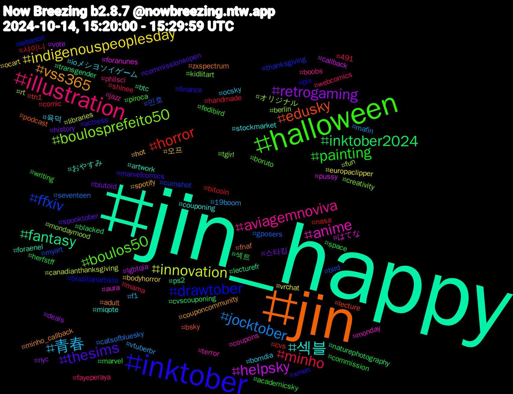 Hashtag Cloud; its hashtagged words/phrases (sorted by weighted frequency, descending):  jin_happy, jin, inktober, halloween, illustration, 青春, indigenouspeoplesday, retrogaming, inktober2024, horror, ffxiv, boulosprefeito50, anime, 섹블, vss365, thesims, painting, minho, jocktober, innovation, helpsky, fantasy, edusky, drawtober, boulos50, aviagemnoviva, 육덕, 오프, 스타킹, 섹트, 샤이니, 민호, オリジナル, はてな, おやすみ, zxspectrum, xmen, writing, webcomics, vtuberbr, vrchat, vote, transgender, tn1, thanksgiving, tgirl, terror, stockmarket, spotify, spooktober, space, shinee, seventeen, rt, pussy, ps2, podcast, pix, piroca, philsci, ocsky, ocart, nyc, naturephotography, nasa, myart, mondaymood, monday, miqote, minho_callback, marvelcomics, marvel, mama, mafin, libraries, lgbtqia, lecturefr, lecture, lebanon, kidlitart, jazz, ioメシヨソイゲーム, hot, history, herfstff, handmade, gposers, fun, foranunes, foraenel, fnaf, finance, fedibird, fayeperaya, f1, europaclipper, deals, cvscouponing, cvs, cumshot, creativity, coupons, couponing, couponcommunity, commissionsopen, commission, comic, catsofbluesky, canadianthanksgiving, callback, btc, bsky, brazilianartists, boruto, boobs, bomdia, bodyhorror, blutoid, blacked, bitcoin, bird, berlin, aura, artwork, adult, actress, academicsky, 491, 19boom