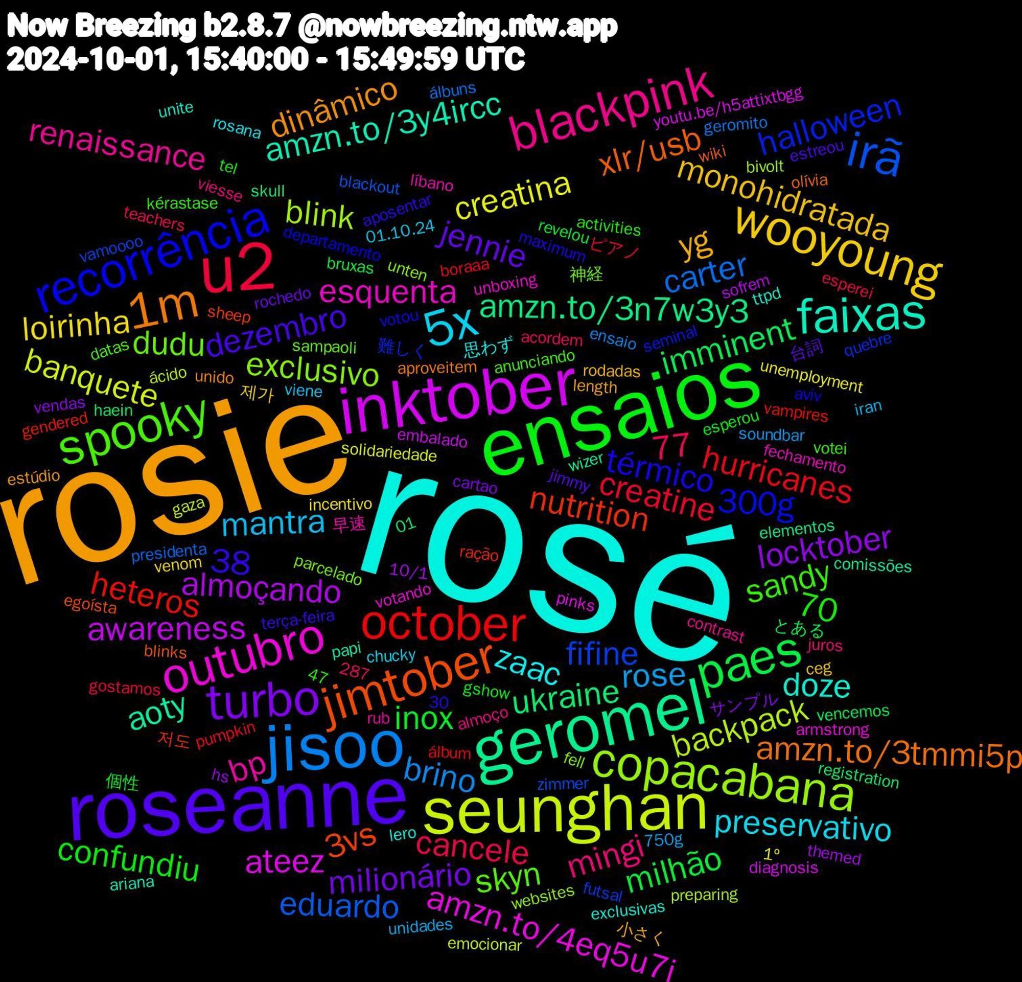 Word Cloud; its top words (sorted by weighted frequency, descending):  rosé, rosie, roseanne, ensaios, u2, jisoo, seunghan, inktober, geromel, jimtober, recorrência, spooky, blackpink, 5x, wooyoung, turbo, paes, october, irã, copacabana, outubro, faixas, 1m, rose, creatina, almoçando, ukraine, nutrition, halloween, dudu, bp, zaac, yg, jennie, inox, creatine, carter, backpack, ateez, aoty, 30,77, xlr/usb, térmico, sandy, mingi, mantra, loirinha, locktober, imminent, heteros, fifine, exclusivo, esquenta, doze, dinâmico, dezembro, confundiu, cancele, brino, banquete, awareness, amzn.to/3n7w3y3, 3vs, 300g, 287,38, skyn, renaissance, preservativo, monohidratada, milionário, milhão, hurricanes, eduardo, blink, amzn.to/4eq5u7i, amzn.to/3y4ircc, amzn.to/3tmmi5p, 47,70, unidades, unemployment, themed, registration, ração, quebre, parcelado, líbano, lero, length, jimmy, gshow, gostamos, geromito, gaza, diagnosis, comissões, blinks, aviv, anunciando, almoço, 01.10.24, 제가, サンプル, とある, álbum, zimmer, websites, votando, unite, unido, terça-feira, tel, teachers, soundbar, solidariedade, sofrem, skull, sheep, seminal, sampaoli, rub, rosana, rodadas, rochedo, revelou, pumpkin, presidenta, preparing, pinks, papi, olívia, maximum, kérastase, juros, iran, incentivo, hs, haein, gendered, futsal, fell, fechamento, exclusivas, estúdio, estreou, esperou, esperei, ensaio, emocionar, embalado, elementos, egoísta, departamento, datas, contrast, chucky, ceg, cartao, bruxas, boraaa, blackout, bivolt, armstrong, ariana, aproveitem, aposentar, activities, acordem, 750g, 1º, 10/1, 01, 저도, 難しく, 神経, 早速, 思わず, 小さく, 台詞, 個性, ピアノ, álbuns, ácido, youtu.be/h5attixtbgg, wizer, wiki, votou, votei, viesse, viene, venom, vendas, vencemos, vampires, vamoooo, unten, unboxing, ttpd, triumph, travail, torar