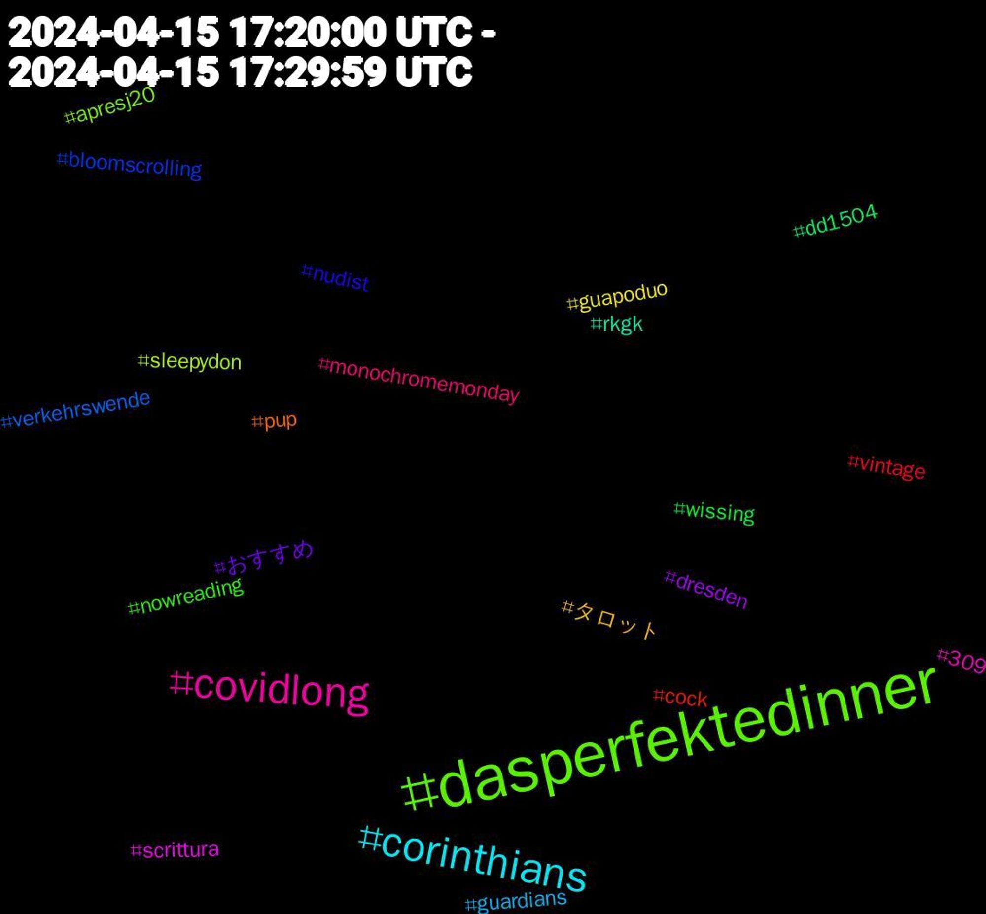 Hashtag Cloud; its hashtagged words/phrases (sorted by weighted frequency, descending):  dasperfektedinner, covidlong, corinthians, タロット, おすすめ, wissing, vintage, verkehrswende, sleepydon, scrittura, rkgk, pup, nudist, nowreading, monochromemonday, guardians, guapoduo, dresden, dd1504, cock, bloomscrolling, apresj20, 309