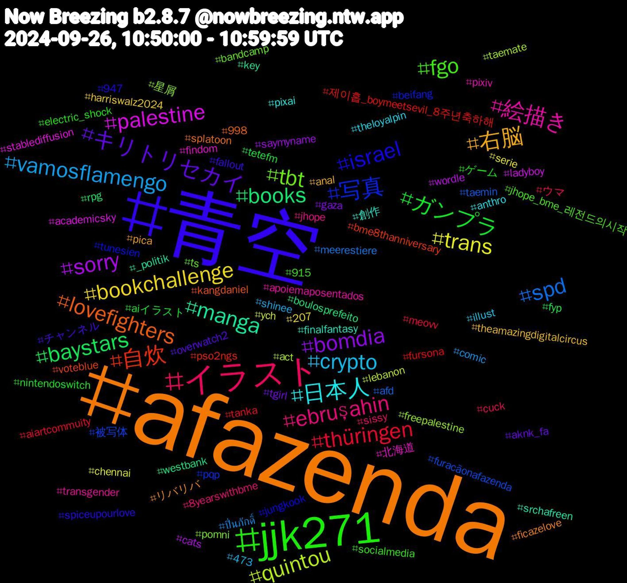 Hashtag Cloud; its hashtagged words/phrases (sorted by weighted frequency, descending):  afazenda, 青空, jjk271, イラスト, vamosflamengo, trans, sorry, books, 自炊, 写真, tbt, 絵描き, 日本人, 右脳, キリトリセカイ, ガンプラ, thüringen, spd, quintou, palestine, manga, lovefighters, israel, fgo, ebruşahin, crypto, bookchallenge, bomdia, baystars, 제이홉_boymeetsevil_8주년축하해, 被写体, 星屑, 北海道, 創作, リバリバ, チャンネル, ゲーム, ウマ, ปิ่นภักดิ์, ych, wordle, westbank, voteblue, tunesien, ts, transgender, theloyalpin, theamazingdigitalcircus, tgirl, tetefm, tanka, taemin, taemate, stablediffusion, srchafreen, splatoon, spiceupourlove, socialmedia, sissy, shinee, serie, saymyname, rpg, pso2ngs, pqp, pomni, pixiv, pixai, pica, overwatch2, nintendoswitch, meovv, meerestiere, lebanon, ladyboy, key, kangdaniel, jungkook, jhope_bme_레전드의시작, jhope, illust, harriswalz2024, gaza, fyp, fursona, furacãonafazenda, freepalestine, findom, finalfantasy, ficazelove, fallout, electric_shock, cuck, comic, chennai, cats, boulosprefeito, bme8thanniversary, beifang, bandcamp, apoiemaposentados, anthro, anal, aknk_fa, aiイラスト, aiartcommuity, afd, act, academicsky, _politik, 998, 947, 915, 8yearswithbme, 473, 207