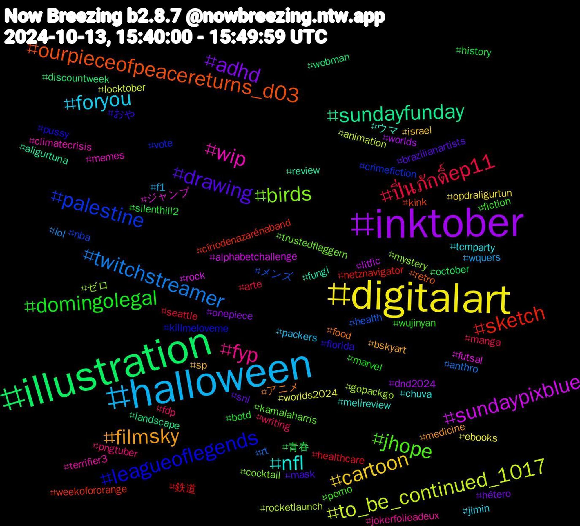 Hashtag Cloud; its hashtagged words/phrases (sorted by weighted frequency, descending):  halloween, digitalart, inktober, illustration, sketch, palestine, birds, wip, nfl, filmsky, drawing, domingolegal, ปิ่นภักดิ์ep11, twitchstreamer, to_be_continued_1017, sundaypixblue, sundayfunday, ourpieceofpeacereturns_d03, leagueoflegends, jhope, fyp, foryou, cartoon, adhd, 青春, 鉄道, メンズ, ゼロ, ジャンプ, ウマ, アニメ, おや, wujinyan, writing, wquers, worlds2024, worlds, wobman, weekofororange, vote, trustedflagger​n, terrifier3, tcmparty, sp, snl, silenthill2, seattle, rt, rocketlaunch, rock, review, retro, pussy, porno, pngtuber, packers, opdraligurtun, onepiece, october, netznavigator, nba, mystery, memes, melireview, medicine, mask, marvel, manga, lol, locktober, litfic, landscape, kink, killmeloveme, kamalaharris, jokerfolieadeux, jimin, israel, hétero, history, healthcare, health, gopackgo, futsal, fungi, food, florida, fiction, fdp, f1, ebooks, dnd2024, discountweek, círiodenazarénaband, crimefiction, cocktail, climatecrisis, chuva, bskyart, brazilianartists, botd, arte, anthro, animation, alphabetchallenge, aligurtuna