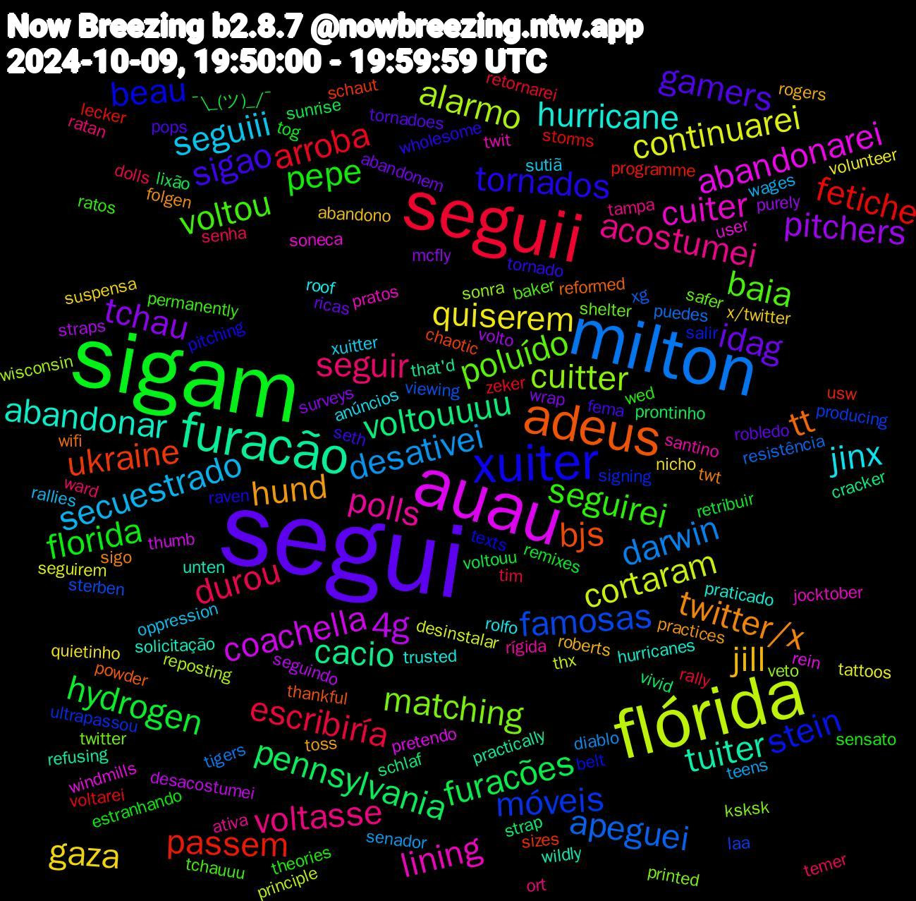 Word Cloud; its top words (sorted by weighted frequency, descending):  segui, sigam, seguii, milton, flórida, auau, furacão, adeus, xuiter, voltou, voltasse, seguiii, gaza, tchau, furacões, fetiche, famosas, cuitter, cuiter, abandonar, twitter/x, sigao, pepe, durou, desativei, continuarei, 4g, voltouuuu, ukraine, stein, poluído, polls, jinx, jill, idag, hydrogen, arroba, apeguei, alarmo, abandonarei, tuiter, tt, tornados, seguirei, seguir, secuestrado, quiserem, pitchers, pennsylvania, passem, móveis, matching, lining, hurricane, hund, gamers, florida, escribiría, darwin, cortaram, coachella, cacio, bjs, beau, baia, acostumei, xuitter, x/twitter, wrap, voltouu, voltarei, viewing, veto, user, unten, twt, tornado, theories, temer, teens, tattoos, straps, strap, sizes, signing, shelter, santino, roof, rogers, robledo, remixes, rally, puedes, principle, pretendo, practically, powder, pitching, permanently, ort, oppression, nicho, mcfly, lixão, lecker, laa, ksksk, jocktober, hurricanes, folgen, fema, estranhando, dolls, diablo, desinstalar, desacostumei, cracker, chaotic, belt, baker, ativa, anúncios, abandono, abandonem, ¯\_(ツ)_/¯, zeker, xg, wisconsin, windmills, wildly, wifi, wholesome, wed, ward, wages, volunteer, volto, vivid, usw, ultrapassou, twitter, twit, trusted, toss, tornadoes, tog, tim, tigers, thx, thumb, that'd, thankful, texts, tchauuu, tampa, sutiã, suspensa, surveys, sunrise, storms, sterben, sonra, soneca, solicitação, sigo, seth, sensato, senha, senador, seguirem, seguindo, schlaf, schaut, salir, safer, rígida, rolfo, roberts, ricas, retribuir, retornarei, resistência, reposting, rein, refusing, reformed, raven, ratos, ratan, rallies, quietinho, purely, prontinho, programme, producing, printed, pratos, praticado, practices, pops