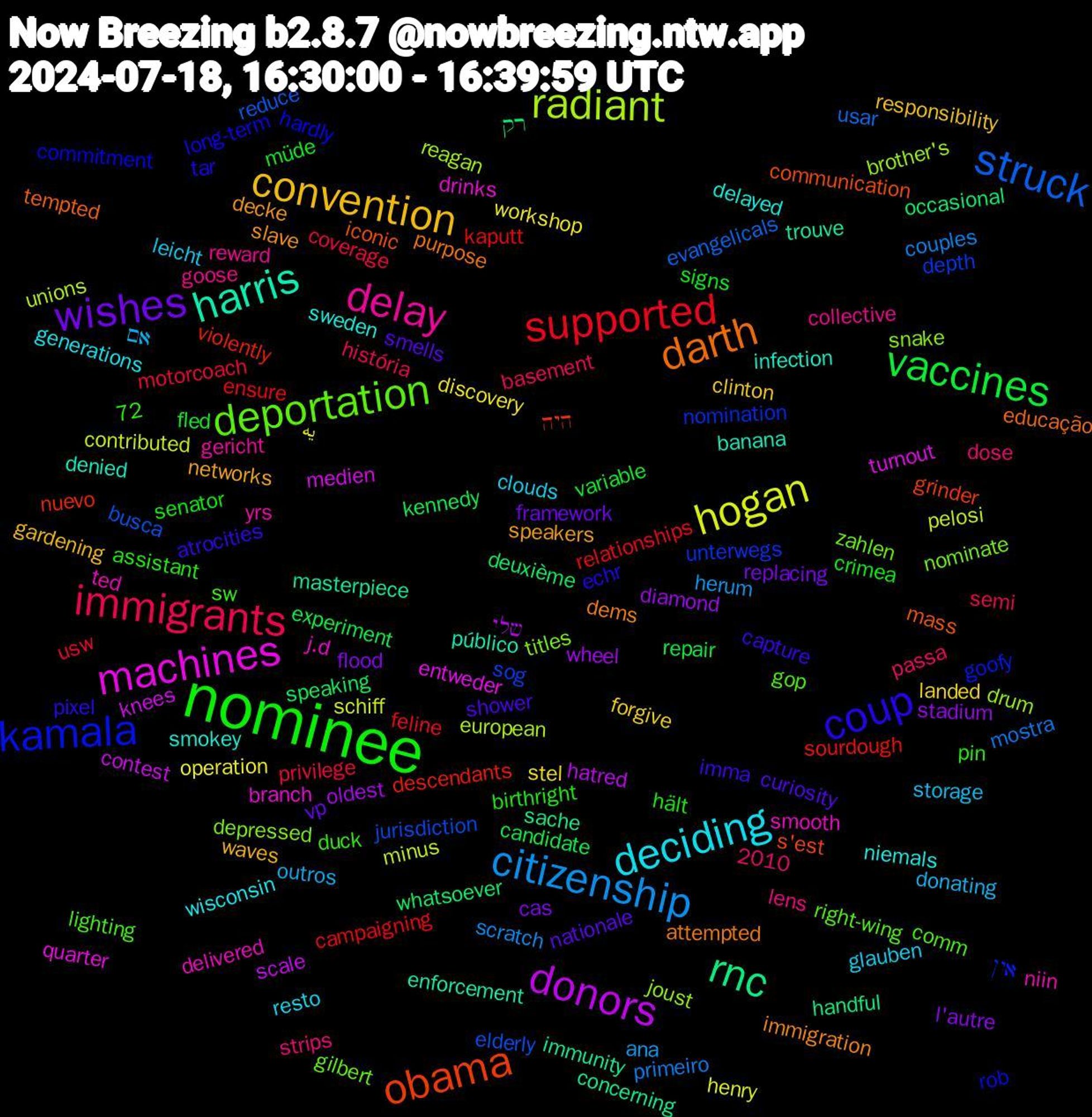 Word Cloud; its top words (sorted by weighted frequency, descending):  nominee, immigrants, citizenship, hogan, donors, rnc, obama, kamala, deportation, delay, deciding, convention, wishes, vaccines, supported, struck, radiant, machines, harris, darth, coup, אם, workshop, wheel, whatsoever, violently, unterwegs, titles, ted, sweden, speakers, smells, signs, privilege, primeiro, pelosi, knees, immunity, iconic, hardly, gop, goose, glauben, forgive, flood, experiment, ensure, elderly, drum, drinks, denied, dems, capture, birthright, basement, ana, 72, 2010, یه, שלי, רק, היה, אין, zahlen, yrs, wisconsin, waves, vp, variable, usw, usar, unions, turnout, trouve, tempted, tar, sw, strips, storage, stel, stadium, speaking, sourdough, sog, snake, smooth, smokey, slave, shower, senator, semi, scratch, schiff, scale, sache, s'est, rob, right-wing, reward, resto, responsibility, replacing, repair, relationships, reduce, reagan, quarter, público, purpose, pixel, pin, passa, outros, operation, oldest, occasional, nuevo, nomination, nominate, niin, niemals, networks, nationale, müde, motorcoach, mostra, minus, medien, masterpiece, mass, long-term, lighting, lens, leicht, landed, l'autre, kennedy, kaputt, jurisdiction, joust, j.d, infection, immigration, imma, hält, história, herum, henry, hatred, handful, grinder, goofy, gilbert, gericht, generations, gardening, framework, fled, feline, evangelicals, european, entweder, enforcement, educação, echr, duck, dose, donating, discovery, diamond, deuxième, descendants, depth, depressed, delivered, delayed, decke, curiosity, crimea, coverage, couples, contributed, contest, concerning, communication, commitment, comm, collective, clouds, clinton, cas, candidate, campaigning, busca, brother's, branch, banana, attempted, atrocities, assistant