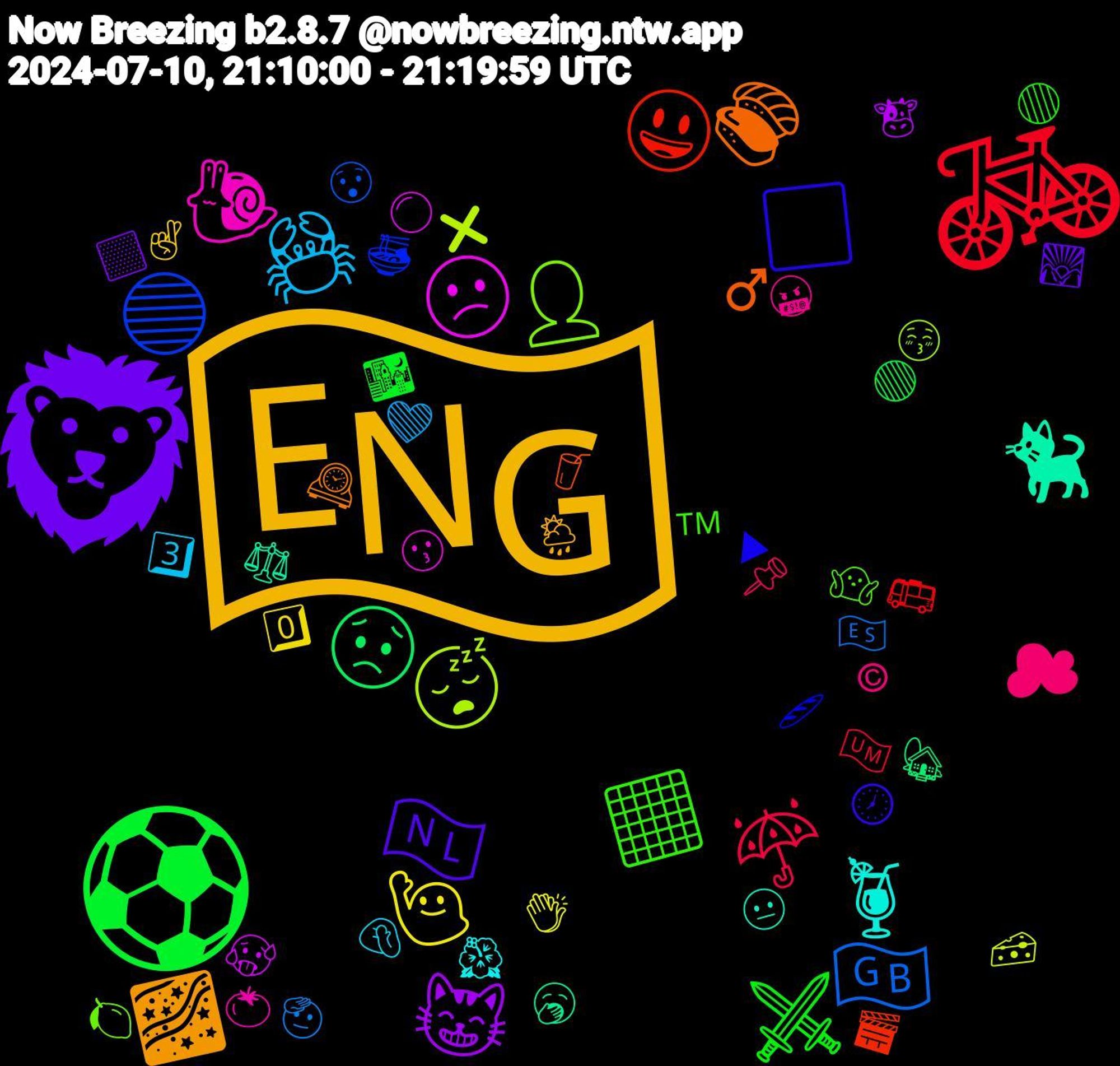 Emoji Cloud; its emojis (sorted by weighted frequency, descending):  🏴󠁧󠁢󠁥󠁮󠁧󠁿, 🦁, ⚽, 🚲, 🇬🇧, 😴, 😕, 🐈‍⬛, 🍣, ⬜, ⬛, ☁, 🦀, 🙋‍♀️, 😸, 😟, 😃, 🔵, 👤, 🐌, 🍹, 🌌, 🇳🇱, ⚔️, ☔, 🫡, 🧀, 🥵, 🥱, 🥤, 🥖, 🤷‍♀️, 🤬, 🤦‍♀️, 🤞, 🟨, 🟢, 🚌, 😯, 😚, 😗, 😐, 🕰️, 🕖, 🔴, 📌, 💚, 👏🏽, 🐮, 🏡, 🎬, 🍜, 🍋, 🍅, 🌺, 🌦️, 🌄, 🌃, 🇺🇲, 🇪🇸, ❌, ⚪, ⚖️, ♂️, ▶, ™️, ©, 3️⃣, 0️⃣