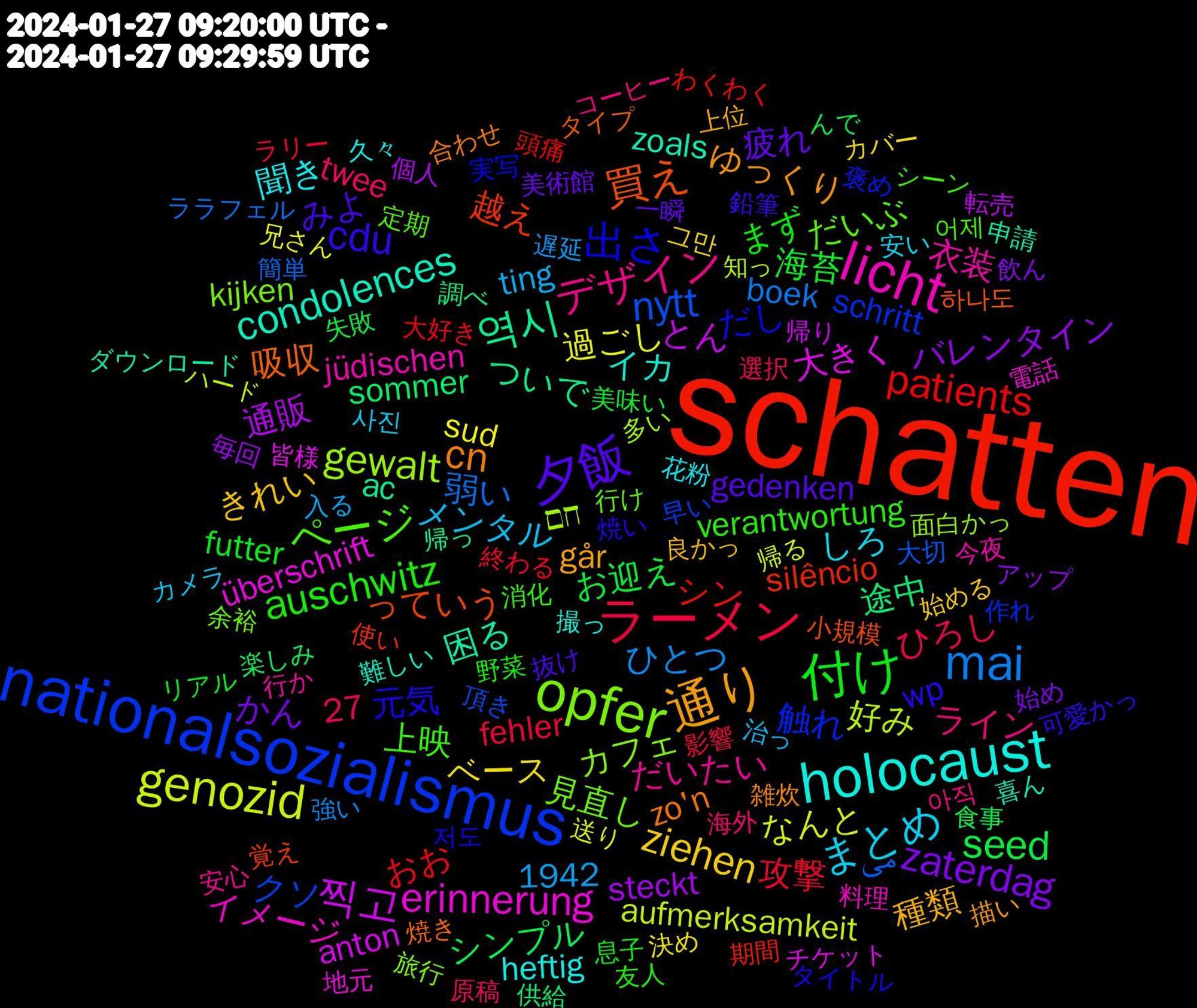 Word Cloud; its top words (sorted by weighted frequency, descending):  schatten, nationalsozialismus, opfer, licht, holocaust, 通り, 夕飯, 付け, ラーメン, mai, genozid, 찍고, 역시, 買え, 出さ, ページ, デザイン, まとめ, ziehen, zaterdag, seed, patients, nytt, gewalt, erinnerung, condolences, cn, cdu, auschwitz, 過ごし, 通販, 途中, 越え, 触れ, 見直し, 衣装, 聞き, 種類, 疲れ, 海苔, 攻撃, 弱い, 好み, 大きく, 困る, 吸収, 元気, 上映, ライン, メンタル, ベース, バレンタイン, シンプル, シン, クソ, カフェ, イメージ, イカ, ゆっくり, みよ, まず, ひろし, ひとつ, なんと, とん, ついで, っていう, だし, だいぶ, だいたい, しろ, きれい, かん, お迎え, おお, می, חם, überschrift, zoals, zo'n, wp, verantwortung, twee, ting, sud, steckt, sommer, silêncio, schritt, kijken, jüdischen, heftig, går, gedenken, futter, fehler, boek, aufmerksamkeit, anton, ac, 27, 1942, 하나도, 저도, 어제, 아직, 사진, 그만, 飲ん, 食事, 頭痛, 頂き, 面白かっ, 電話, 難しい, 雑炊, 鉛筆, 野菜, 選択, 遅延, 送り, 転売, 調べ, 覚え, 褒め, 行け, 行か, 花粉, 良かっ, 美術館, 美味い, 終わる, 簡単, 知っ, 皆様, 申請, 焼き, 焼い, 消化, 海外, 治っ, 決め, 毎回, 楽しみ, 期間, 早い, 旅行, 料理, 撮っ, 描い, 抜け, 息子, 影響, 強い, 帰る, 帰り, 帰っ, 小規模, 実写, 定期, 安心, 安い, 始める, 始め, 失敗, 大好き, 大切, 多い, 地元, 喜ん, 合わせ, 可愛かっ, 友人, 原稿, 入る, 兄さん, 個人, 供給, 使い, 作れ, 余裕, 今夜, 久々, 上位, 一瞬, リアル, ラリー, ララフェル, ハード, チケット, ダウンロード, タイプ, タイトル, シーン, コーヒー, カメラ, カバー, アップ, んで, わくわく