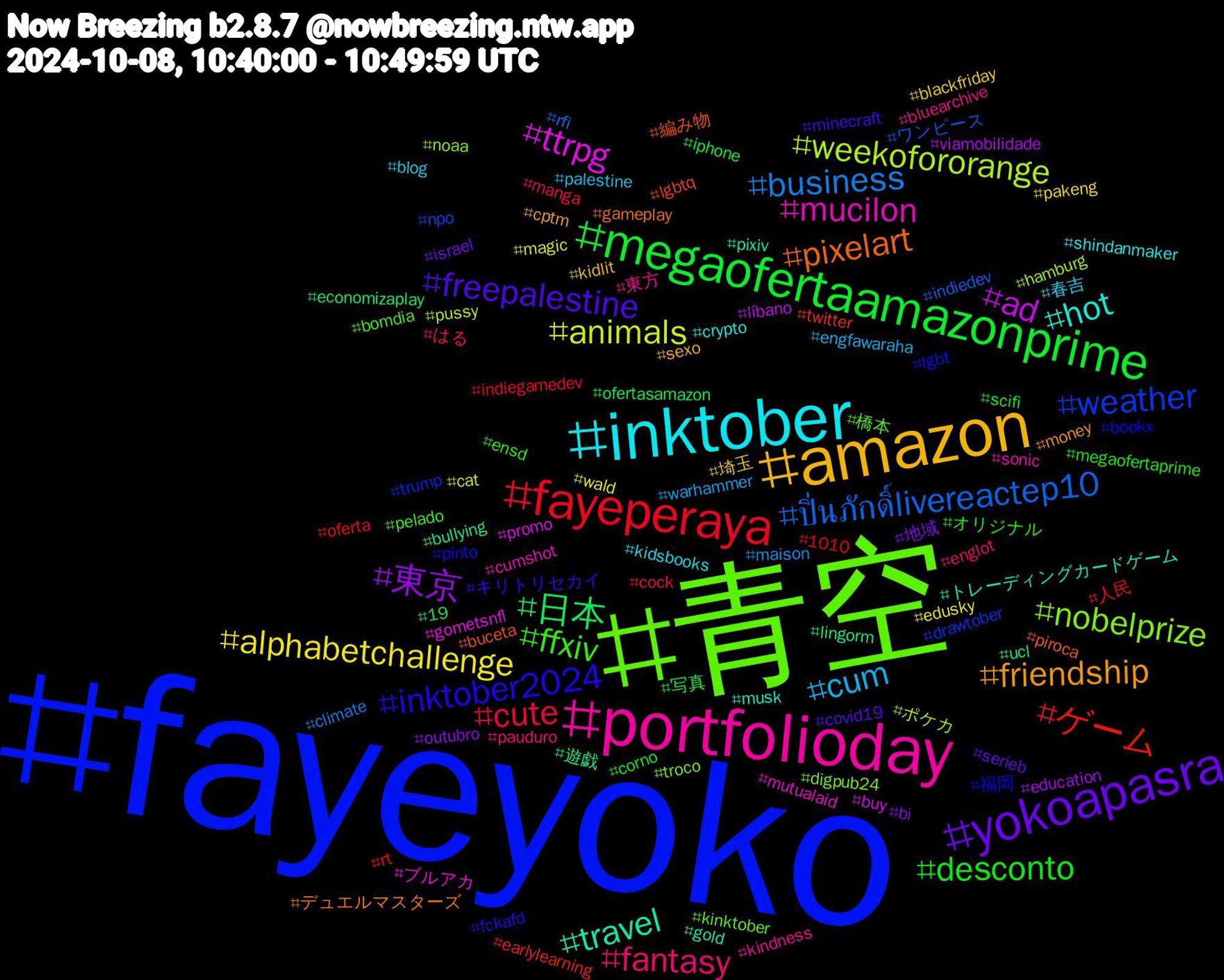 Hashtag Cloud; its hashtagged words/phrases (sorted by weighted frequency, descending):  fayeyoko, 青空, portfolioday, inktober, amazon, yokoapasra, megaofertaamazonprime, fayeperaya, ปิ่นภักดิ์livereactep10, weekofororange, ttrpg, travel, pixelart, inktober2024, ffxiv, fantasy, cum, alphabetchallenge, 東京, 日本, ゲーム, weather, nobelprize, mucilon, hot, friendship, freepalestine, desconto, cute, business, animals, ad, 遊戯, 編み物, 福岡, 橋本, 東方, 春吉, 埼玉, 地域, 写真, 人民, ワンピース, ポケカ, ブルアカ, トレーディングカードゲーム, デュエルマスターズ, キリトリセカイ, オリジナル, はる, warhammer, wald, viamobilidade, ucl, twitter, trump, troco, sonic, shindanmaker, sexo, serieb, scifi, rt, rfi, pussy, promo, pixiv, piroca, pinto, pelado, pauduro, palestine, pakeng, outubro, ofertasamazon, oferta, npo, noaa, mutualaid, musk, money, minecraft, megaofertaprime, manga, maison, magic, líbano, lingorm, lgbtq, lgbt, kinktober, kindness, kidsbooks, kidlit, israel, iphone, indiegamedev, indiedev, hamburg, gometsnfl, gold, gameplay, fckafd, ensd, englot, engfawaraha, edusky, education, economizaplay, earlylearning, drawtober, digpub24, cumshot, crypto, cptm, covid19, corno, cock, climate, cat, buy, bullying, buceta, bookx, bomdia, bluearchive, blog, blackfriday, bi, 19, 1010