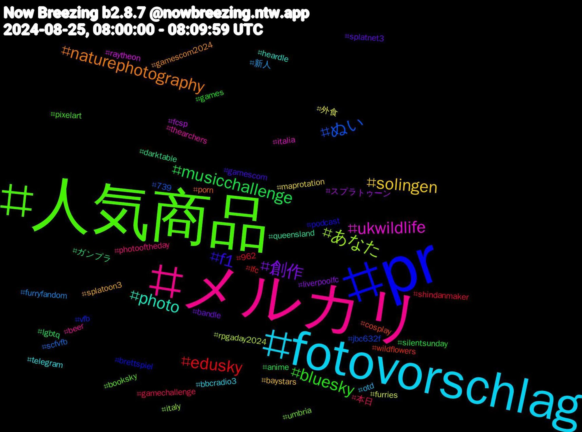 Hashtag Cloud; its hashtagged words/phrases (sorted by weighted frequency, descending):  pr, 人気商品, メルカリ, fotovorschlag, solingen, 創作, musicchallenge, edusky, ぬい, あなた, ukwildlife, photo, naturephotography, f1, bluesky, 本日, 新人, 外食, スプラトゥーン, ガンプラ, wildflowers, vfb, umbria, thearchers, telegram, splatoon3, splatnet3, silentsunday, shindanmaker, scfvfb, rpgaday2024, raytheon, queensland, porn, podcast, pixelart, photooftheday, otd, maprotation, liverpoolfc, lgbtq, lfc, jbc632f, italy, italia, heardle, gamescom2024, gamescom, games, gamechallenge, furryfandom, furries, fcsp, darktable, cosplay, brettspiel, booksky, beer, bbcradio3, baystars, bandle, anime, 962, 739