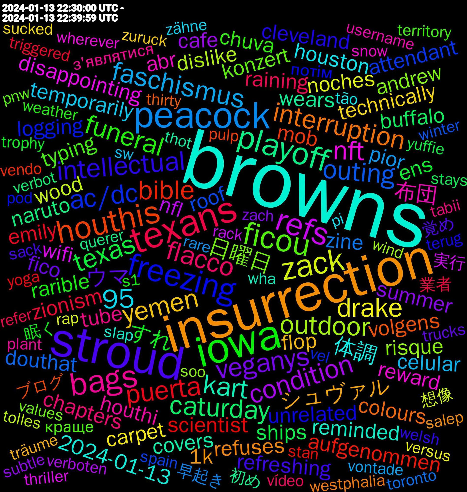 Word Cloud; its top words (sorted by weighted frequency, descending):  browns, insurrection, stroud, iowa, texans, peacock, zack, refs, playoff, houthis, freezing, ficou, bags, yemen, veganys, texas, puerta, outing, outdoor, nft, kart, interruption, intellectual, funeral, flacco, faschismus, drake, condition, caturday, bible, ac/dc, 95, 日曜日, 布団, 体調, シュヴァル, ウマ, すれ, zionism, zine, wood, wifi, wears, volgens, unrelated, typing, tube, temporarily, technically, summer, ships, scientist, roof, risque, reward, reminded, refuses, refreshing, rarible, raining, pior, noches, nfl, naruto, mob, logging, konzert, houthi, houston, flop, fico, ens, emily, douthat, dislike, disappointing, covers, colours, cleveland, chuva, chapters, celular, carpet, cafe, buffalo, aufgenommen, attendant, andrew, abr, 2024-01-13, 1k, 覚め, 眠く, 業者, 早起き, 想像, 実行, 初め, ブログ, потім, краще, з'являтися, zähne, zuruck, zach, yuffie, yoga, winter, wind, wherever, wha, westphalia, welsh, weather, vídeo, vontade, versus, verbotsverfahren, verboten, verbot, vendo, vel, values, username, uneducated, tão, träume, trucks, trophy, triggered, toronto, tolles, thriller, threatened, thot, thirty, terug, territory, temperatures, temperature, techniques, tatuagem, tattoos, taiwan's, tackles, tablet, tabii, sw, supports, sucked, subtle, streamers, straße, strangers, stays, stardew, stan, spinoff, spain, sooooo, soo, soldiers, snow, slap, shakuhachi, shake, saving, saturday, salep, sack, s1, returns, responses, rescue, request, represent, reporters, reopened, removed, relative, rejected, regards, refer, recorded, rare, rap, rack, query, querer, pulp, publishing, profite, priorities, premise, potatoes, polar, pod, pnw, plant, pi