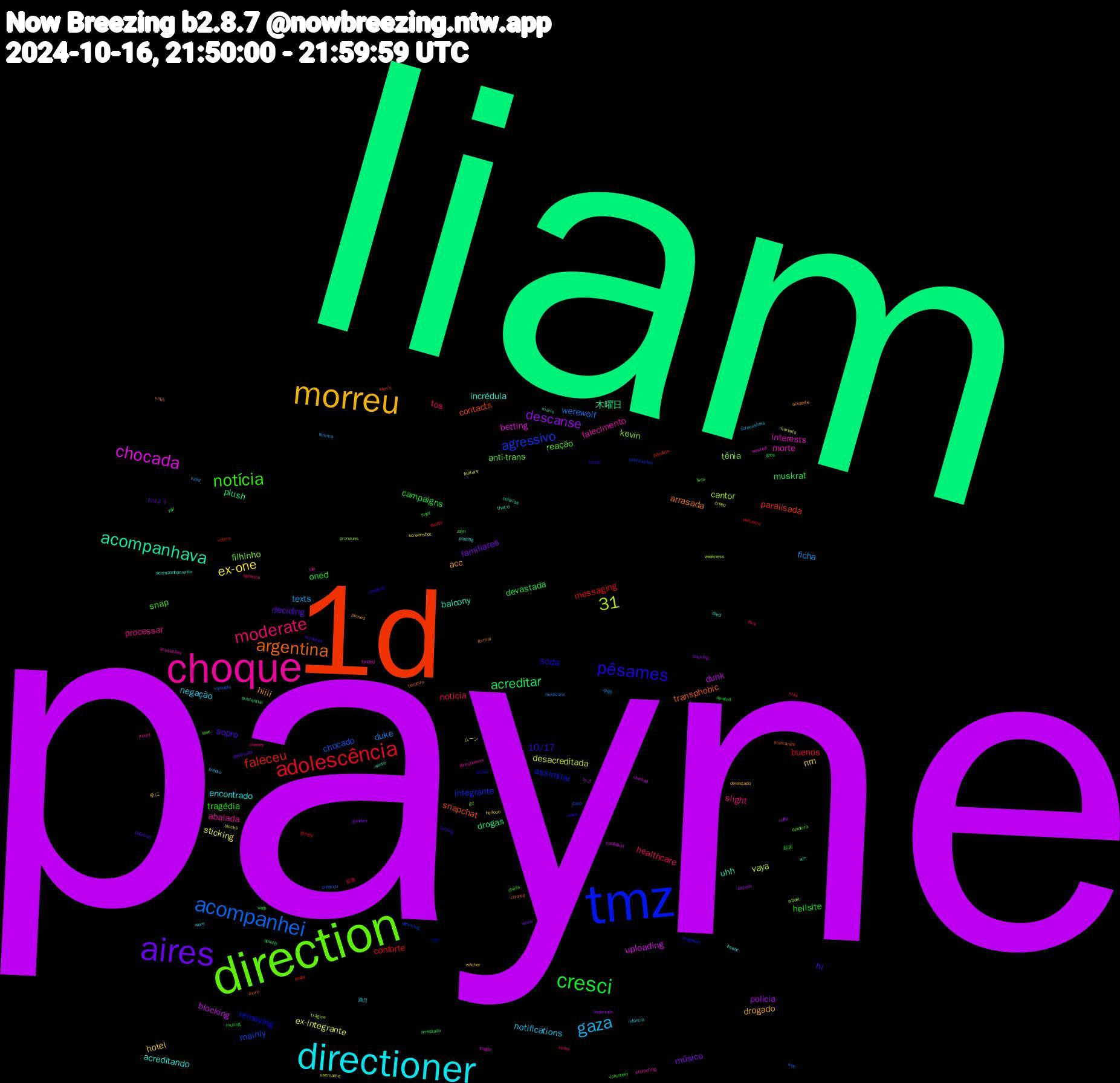 Word Cloud; its top words (sorted by weighted frequency, descending):  payne, liam, 1d, tmz, direction, choque, directioner, morreu, aires, cresci, adolescência, acompanhei, chocada, acompanhava, argentina, pêsames, notícia, moderate, gaza, 31, ex-one, descanse, acreditar, faleceu, agressivo, tênia, morte, acreditando, acc, sopro, oned, noticia, duke, desacreditada, blocking, 木曜日, snapchat, removing, reação, processar, negação, hotel, familiares, devastada, conforte, chocado, cantor, betting, balcony, arrasada, 10/17, tragédia, tos, texts, sticking, policia, plush, paralisada, integrante, filhinho, falecimento, encontrado, drogado, deciding, campaigns, buenos, werewolf, vaya, uploading, uhh, transphobic, soda, snap, slight, notifications, nm, músico, muskrat, messaging, mainly, kevin, interests, incrédula, hiiii, hi, hellsite, healthcare, ficha, ex-integrante, dunk, drogas, contacts, assimilar, anti-trans, abalada, 満月, 単に, おはよう, yall, voters, valuable, trágica, tragic, that'd, terceiro, tends, sujet, splatoon, screenshots, screenshot, raffle, quietly, pênaltis, publicações, pronouns, promoting, posting, pinned, palermo, muting, mila, medicare, markets, marked, mario, marcaram, mall, lawn, intent, infância, hellooo, gundam, gros, gently, gasp, g1, funded, freeze, formal, forcing, flies, ffxiv, femme, feature, fathom, existential, elon's, dragonas, doideira, directioners, died, devastado, destruída, deleted, delete, cresceu, creep, confiável, colorida, colored, coalition, chess, cheney, boleto, blocks, backlog, arrepiada, andar, affirming, adjust, acusações, acompanhamento, acidente, accounts, 起床, 投票, 今朝, ムーン, ちさ, הוא, його, álcool, zayn, yap, wore, witcher, whew, welp, welcome, wee, weakness, wasted, warte, vírus, votes, volunteer, verse, valid, username, undertale