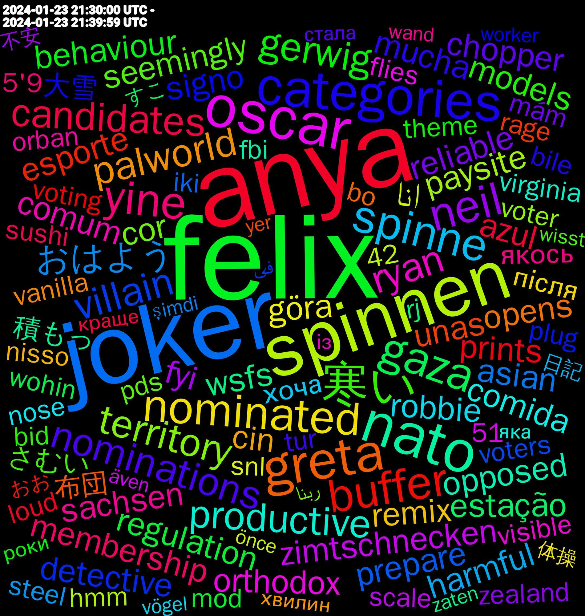 Word Cloud; its top words (sorted by weighted frequency, descending):  felix, anya, joker, spinnen, oscar, nato, greta, categories, 寒い, yine, spinne, nominated, neil, gaza, buffer, villain, territory, ryan, productive, palworld, nominations, gerwig, candidates, おはよう, انا, zimtschnecken, wsfs, unas, signo, seemingly, sachsen, robbie, remix, reliable, regulation, prints, prepare, paysite, orthodox, opposed, opens, mucha, models, membership, legitimately, introducing, harmful, göra, fyi, estação, esporte, detective, cor, comum, comida, cin, chopper, behaviour, azul, australien, asian, aniversário, academy, 積もっ, 布団, 大雪, さむい, якось, хоча, після, zealand, wohin, voting, voters, voter, visible, virginia, vanilla, upsetting, tur, theme, sweden's, sweden, sushi, survived, suggested, succeed, subject, storing, steel, soldiers, snyder, snl, sharks, sendung, screaming, scale, rj, revenue, reduce, reactionary, rage, questioning, plug, pds, patience, parliament, outreach, outcomes, oscars, orban, offers, nose, nominee, nomination, nisso, mám, mod, mindfulness, mientras, meint, margot, louise, loud, lighter, legit, jobba, intake, imho, illustrations, iki, hugos, hugo, hmm, hauptangst, hathaway, hardcore, happier, haley, habit, griffin, gedacht, flies, fbi, engineers, electoral, ehkä, dschungel, davor, creation, competent, cinnamon, careers, cabeça, bolts, boeing, bo, bile, bid, barbie, attorney, announces, anne, ananas, 51, 5'9, 42, 사람들, 試験, 日記, 体操, 不安, すこ, おお, فى, ربنا, із, яка, хвилин, стала, роки, людина, краще, джинси, şimdi, önce, även, zelda, zaten, yer, www.patreon.com/shelfdust, wtflisatarot.com, wrenches, workshops, worker, wisst, weapon, wealth, wand, vögel